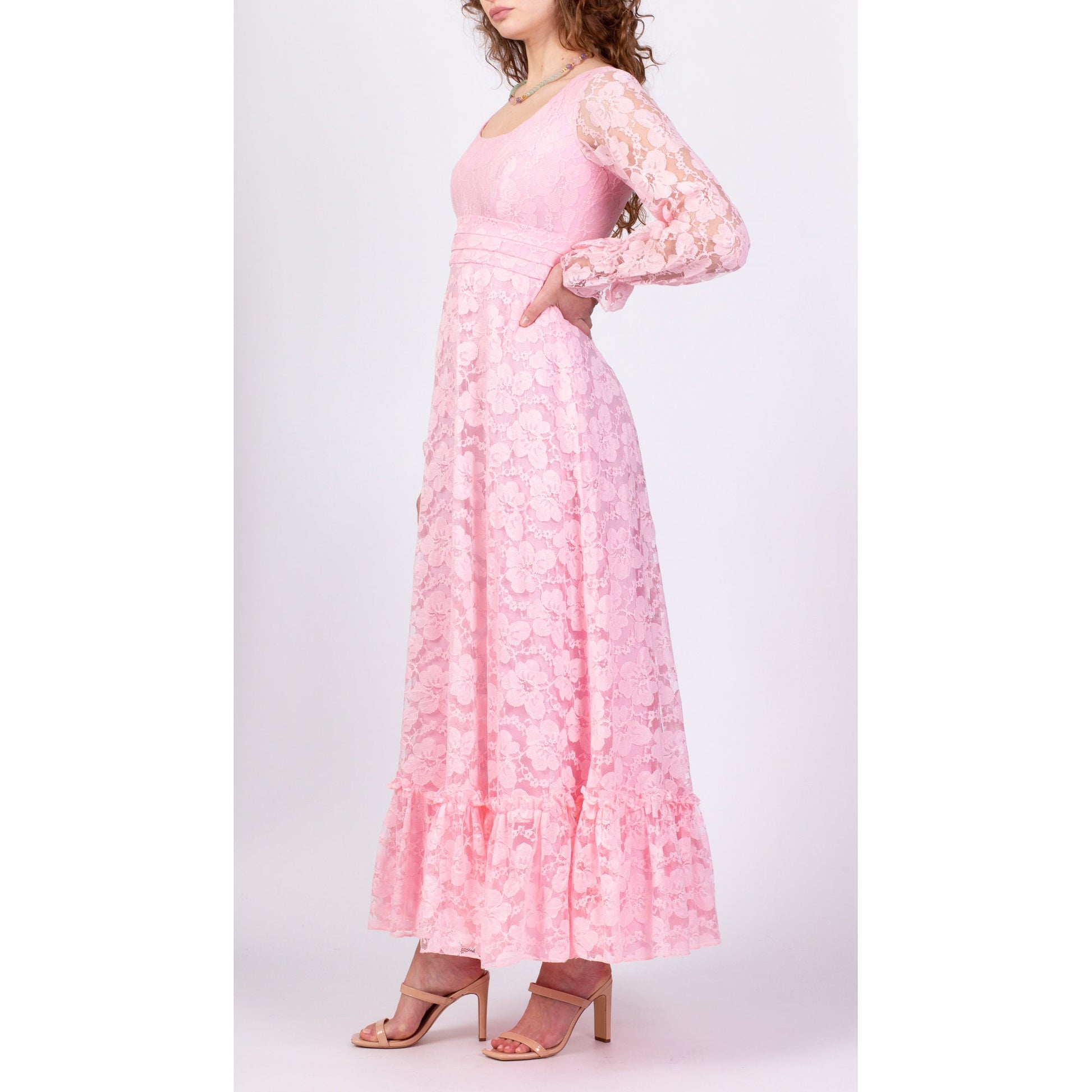 60s 70s Jack Bryan Pink Floral Lace Gown - Small 
