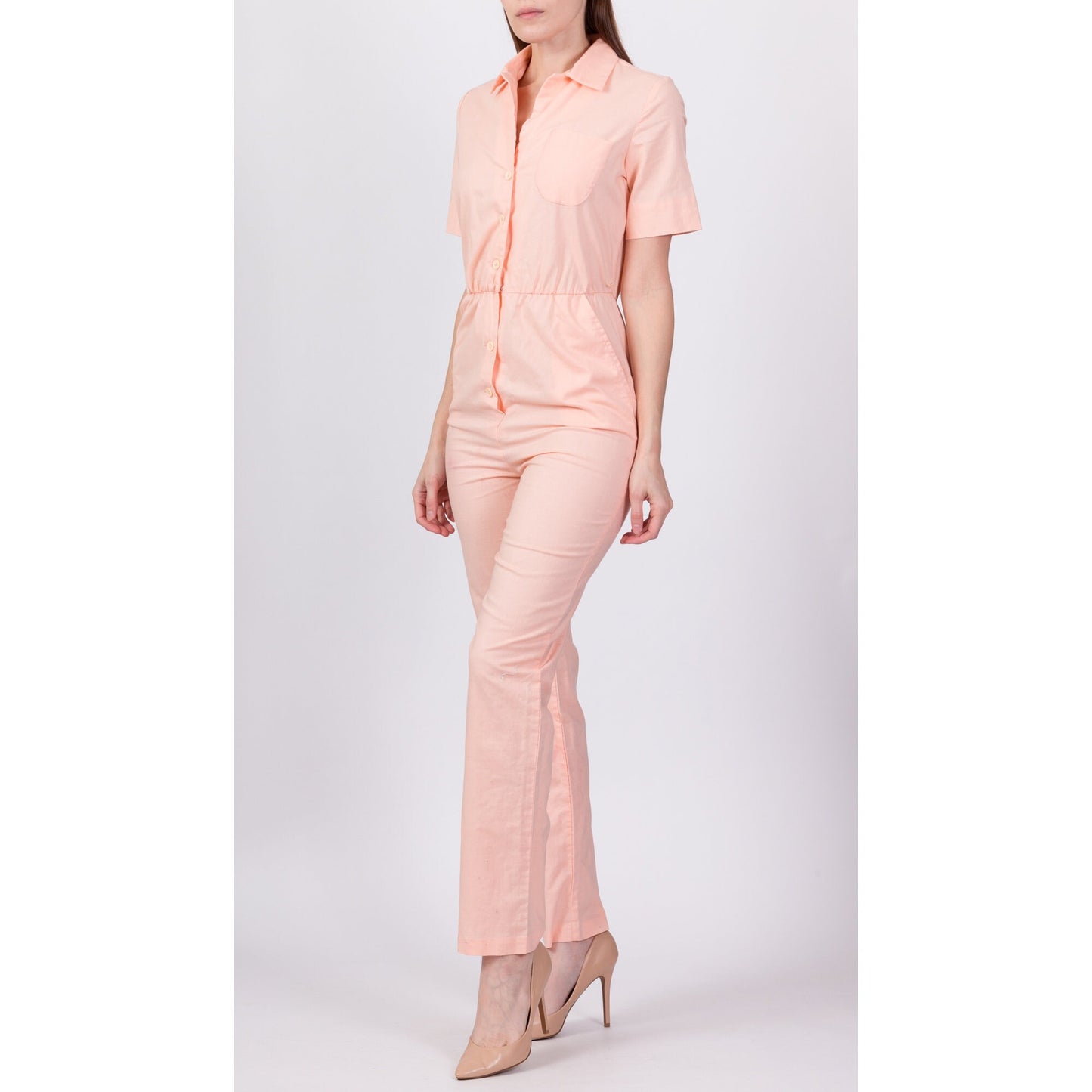 80s Peach Button Front Jumpsuit - Small