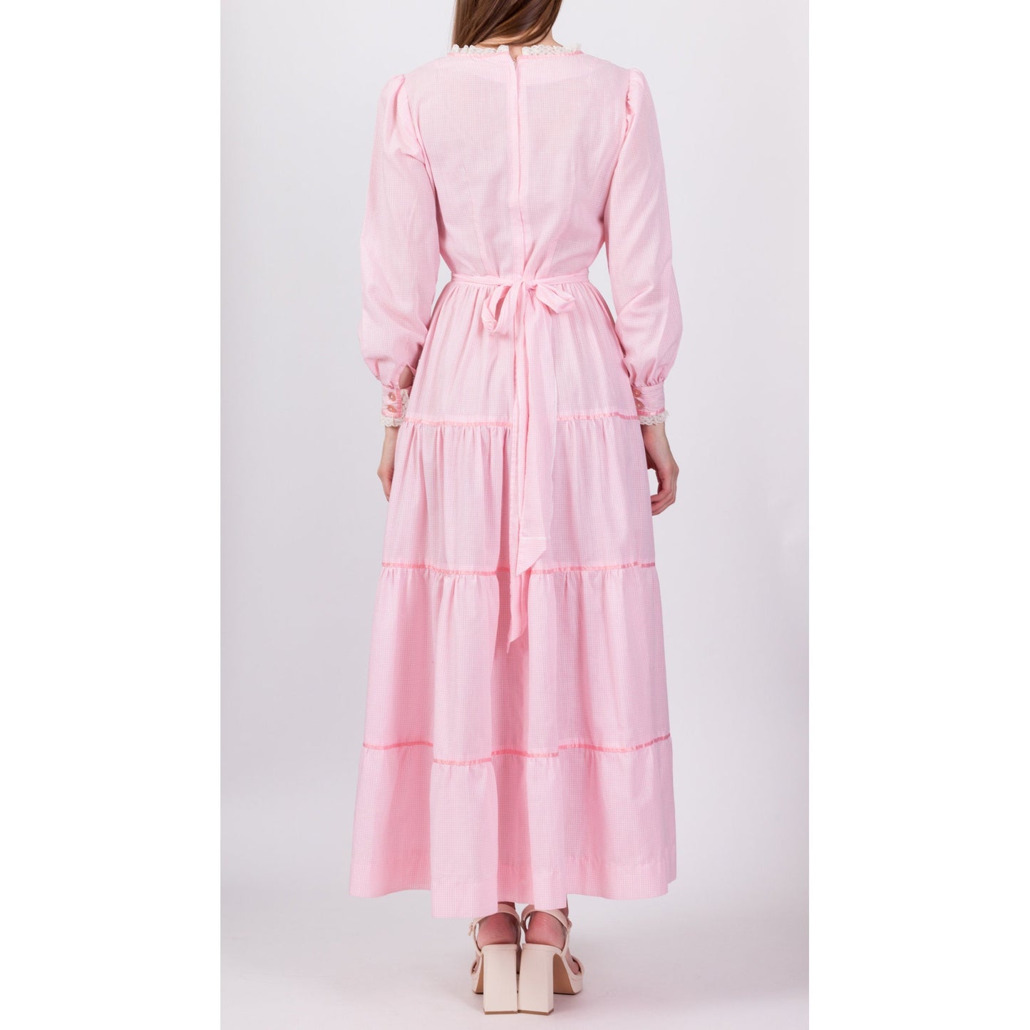 70s Pink Gingham Prairie Maxi Dress - Small