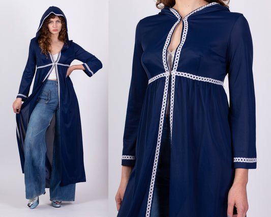 70s Navy Blue Hooded Lounge Robe - Medium 