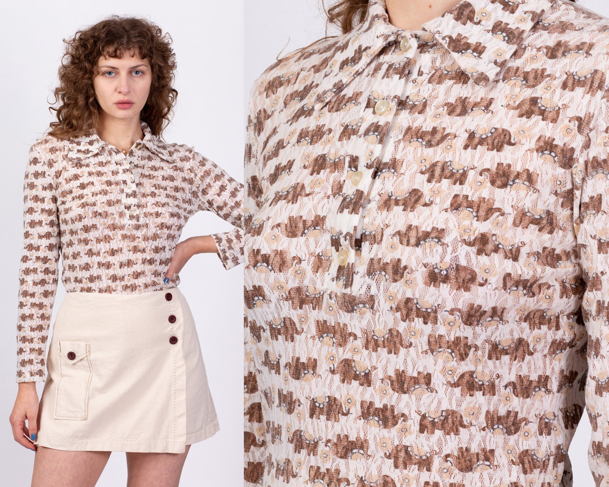 70s Elephant Novelty Print Button Up Top - Medium 