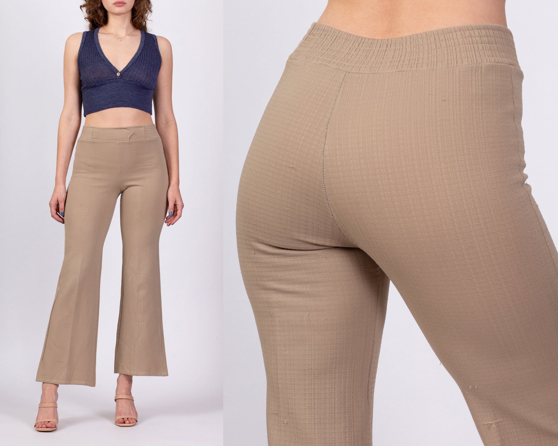 70s Taupe High Waisted Flared Pants - XS to Petite Small, 25"-27" 