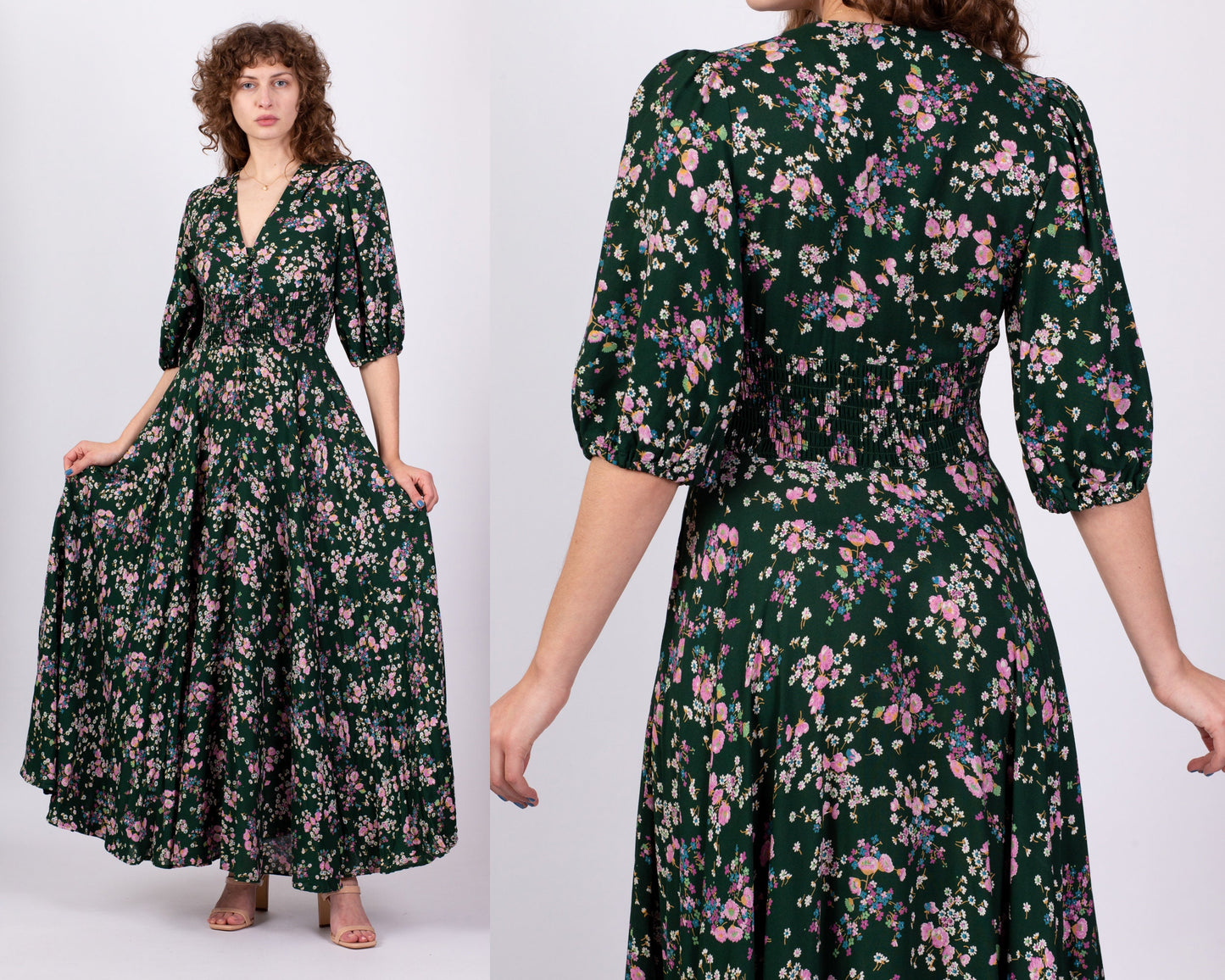 70s Green Floral Puff Sleeve Maxi Dress - Small to Medium 