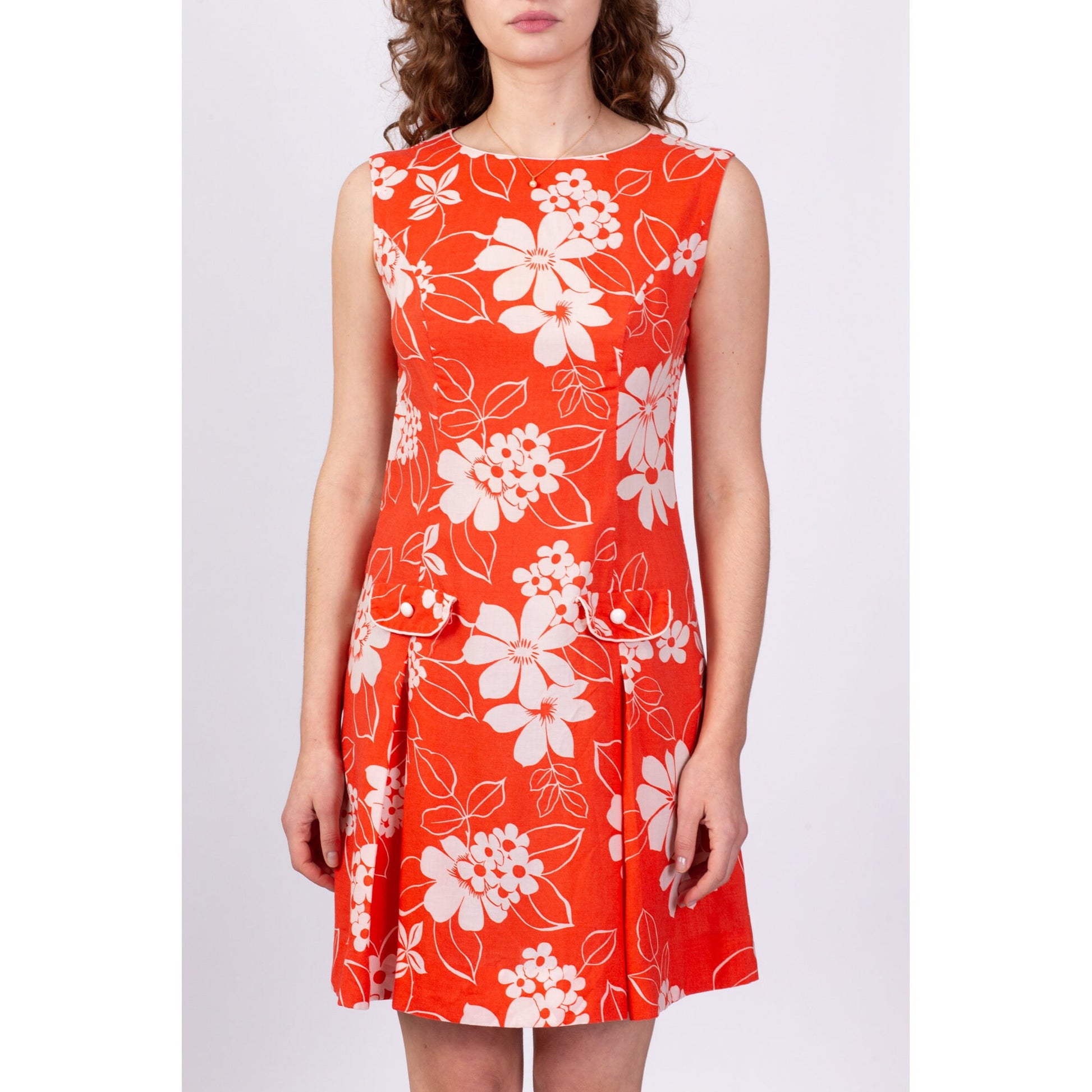 60s Red & White Floral Scooter Dress - Medium