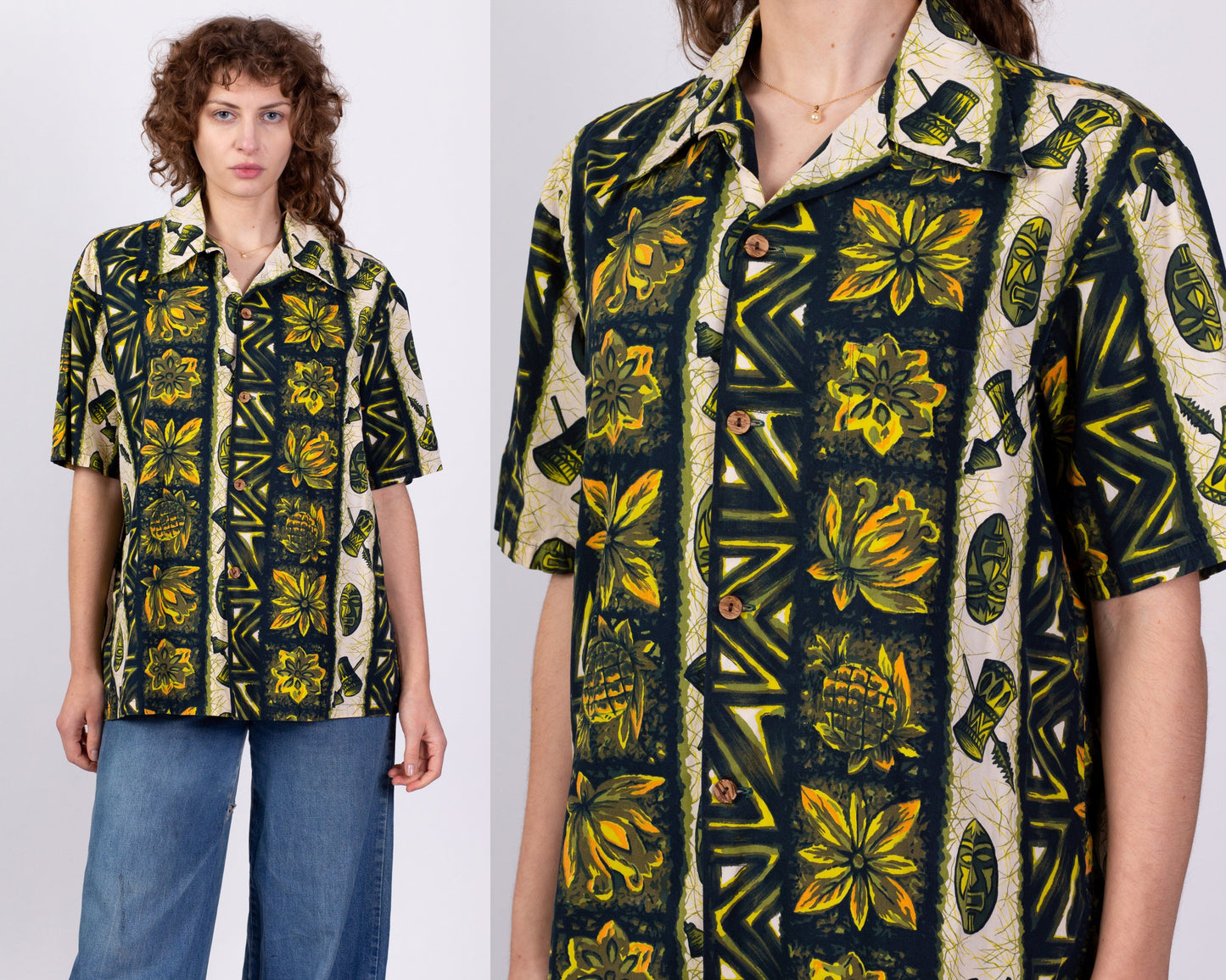 1960s Ui-Maikai Hawaiian Floral Tiki Shirt - Men's Large