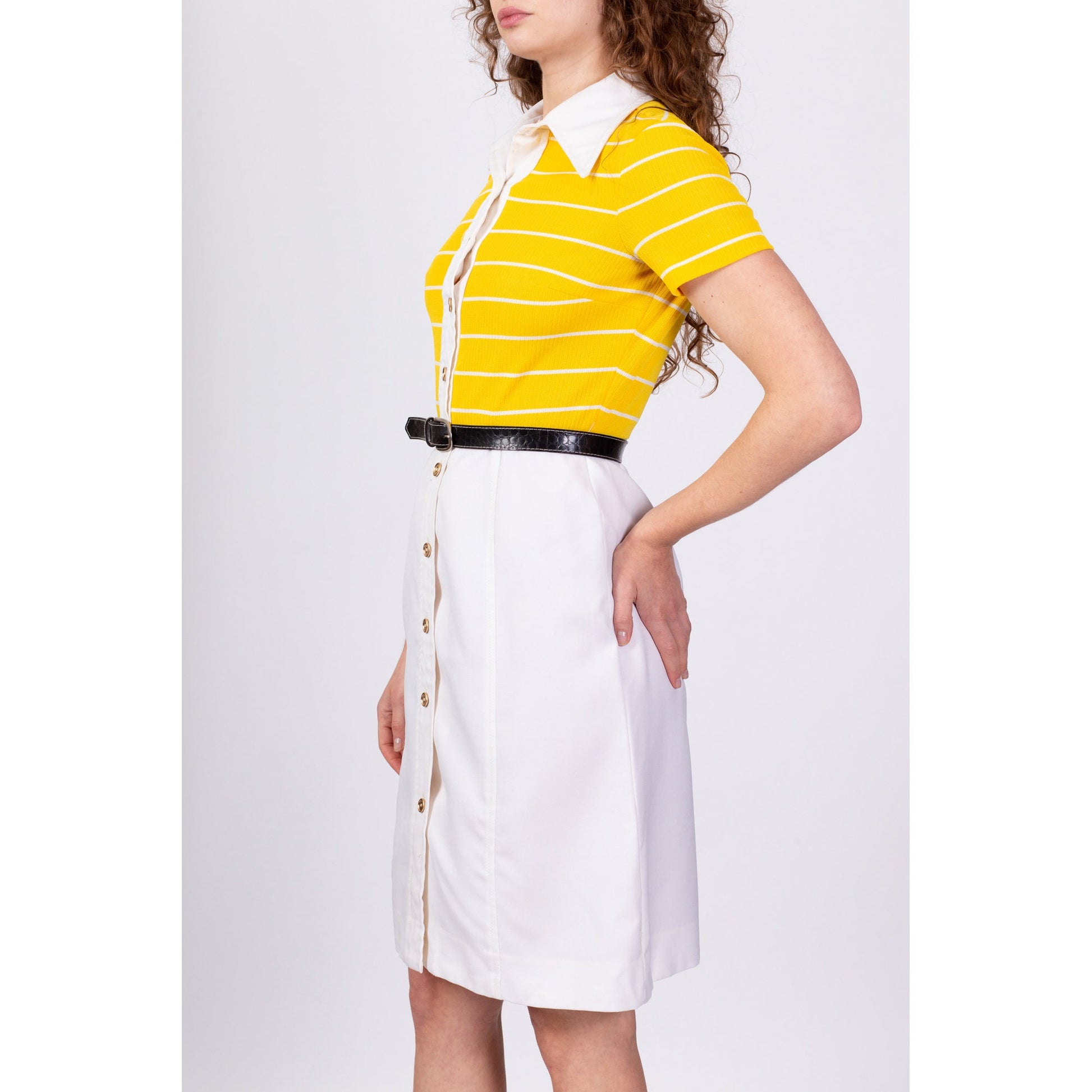 60s Yellow & White Striped Mini Dress - Small