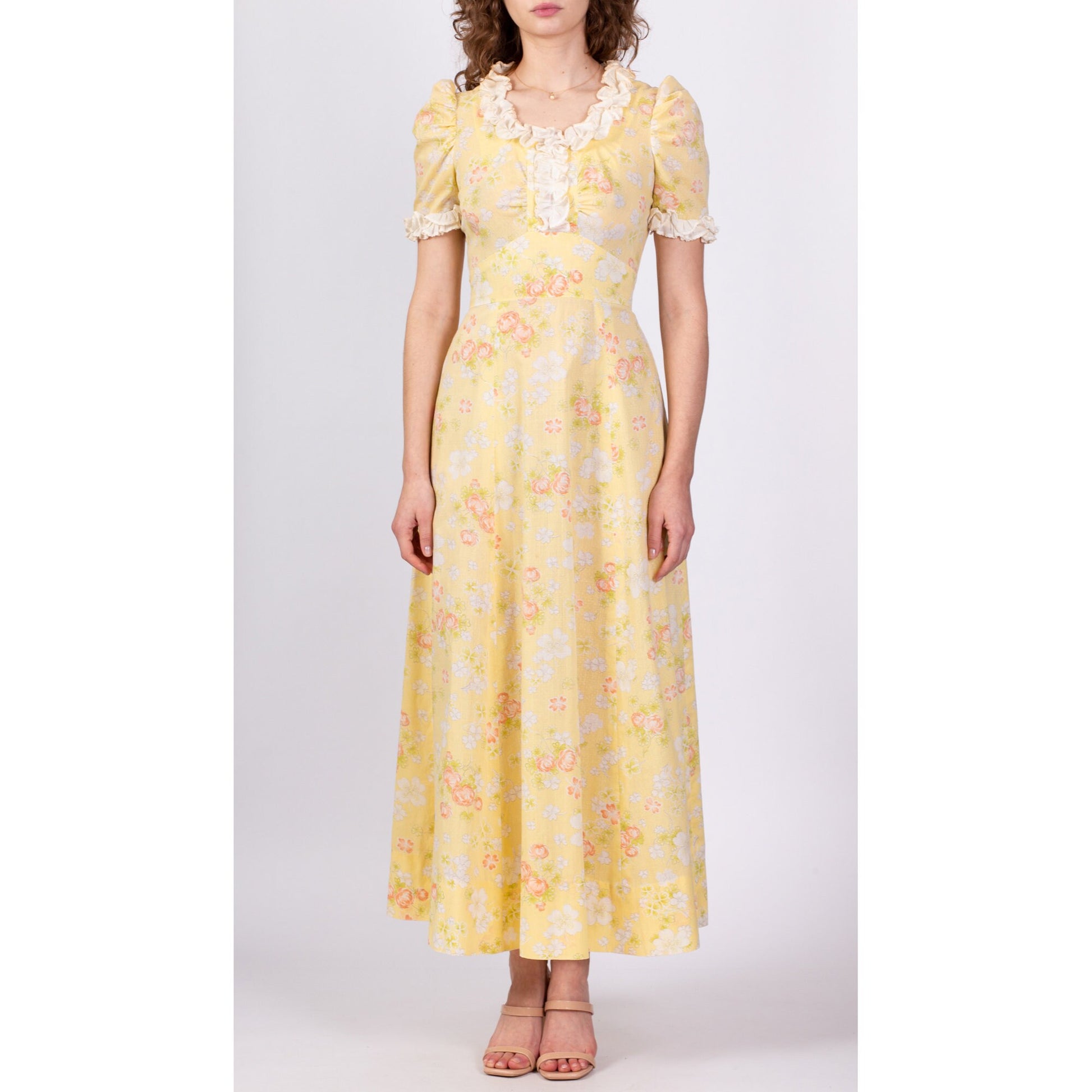 70s Yellow Clover Floral Puff Sleeve Prairie Maxi Dress - Medium