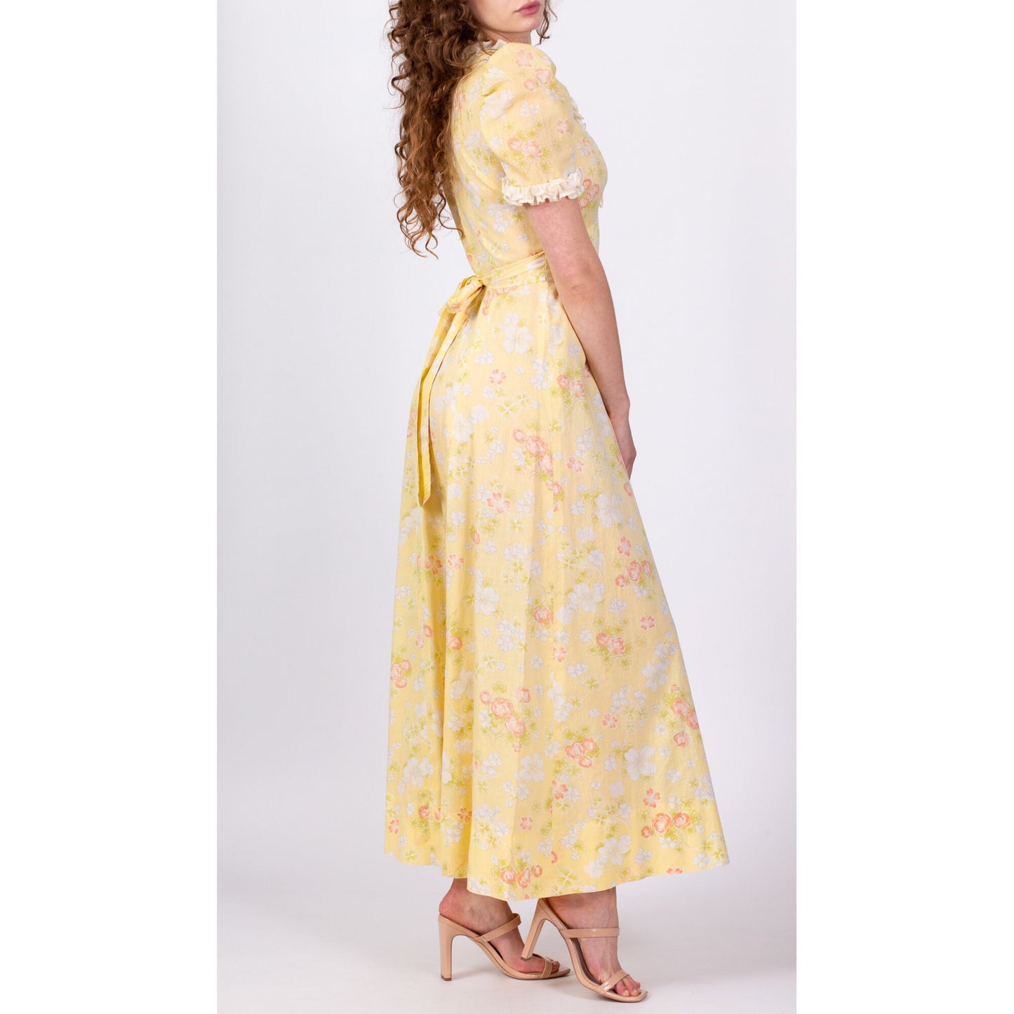 70s Yellow Clover Floral Puff Sleeve Prairie Maxi Dress - Medium