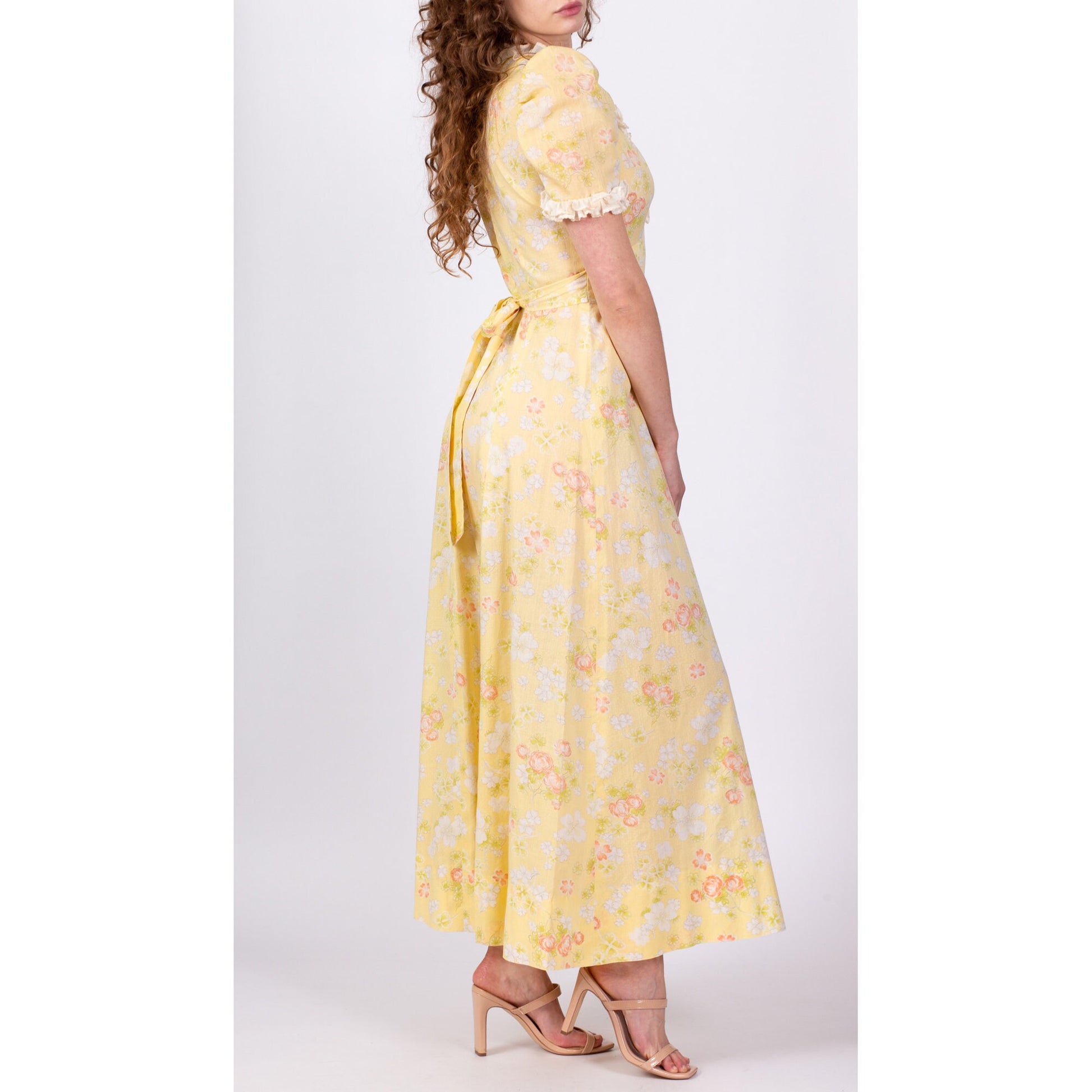 70s Yellow Clover Floral Puff Sleeve Prairie Maxi Dress - Medium