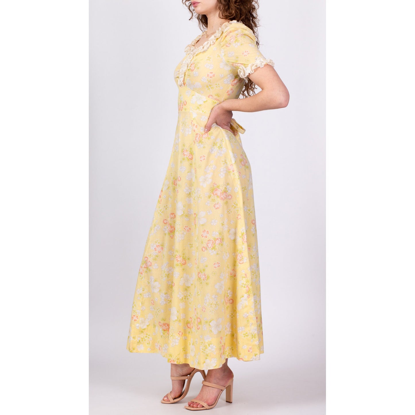 70s Yellow Clover Floral Puff Sleeve Prairie Maxi Dress - Medium