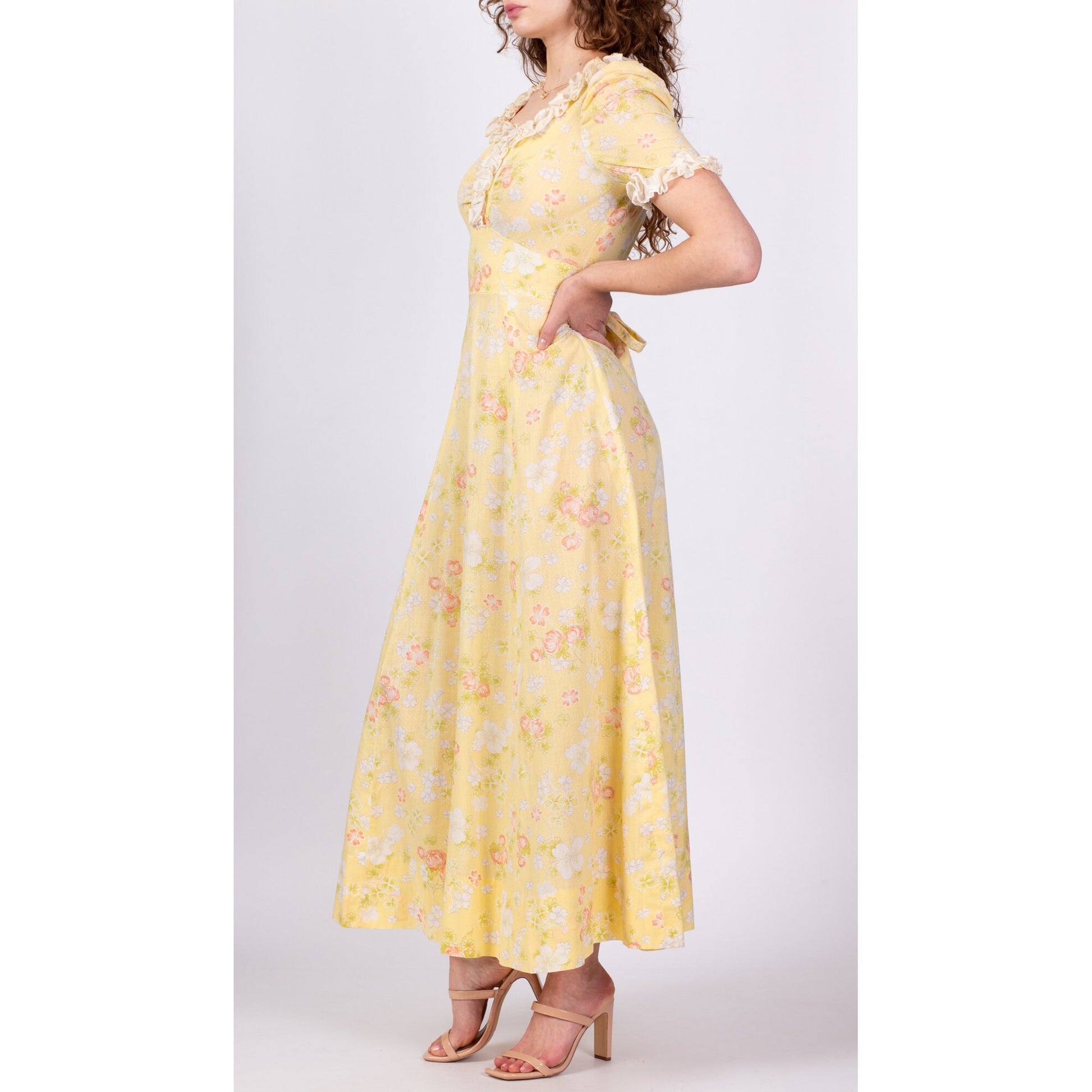 70s Yellow Clover Floral Puff Sleeve Prairie Maxi Dress - Medium