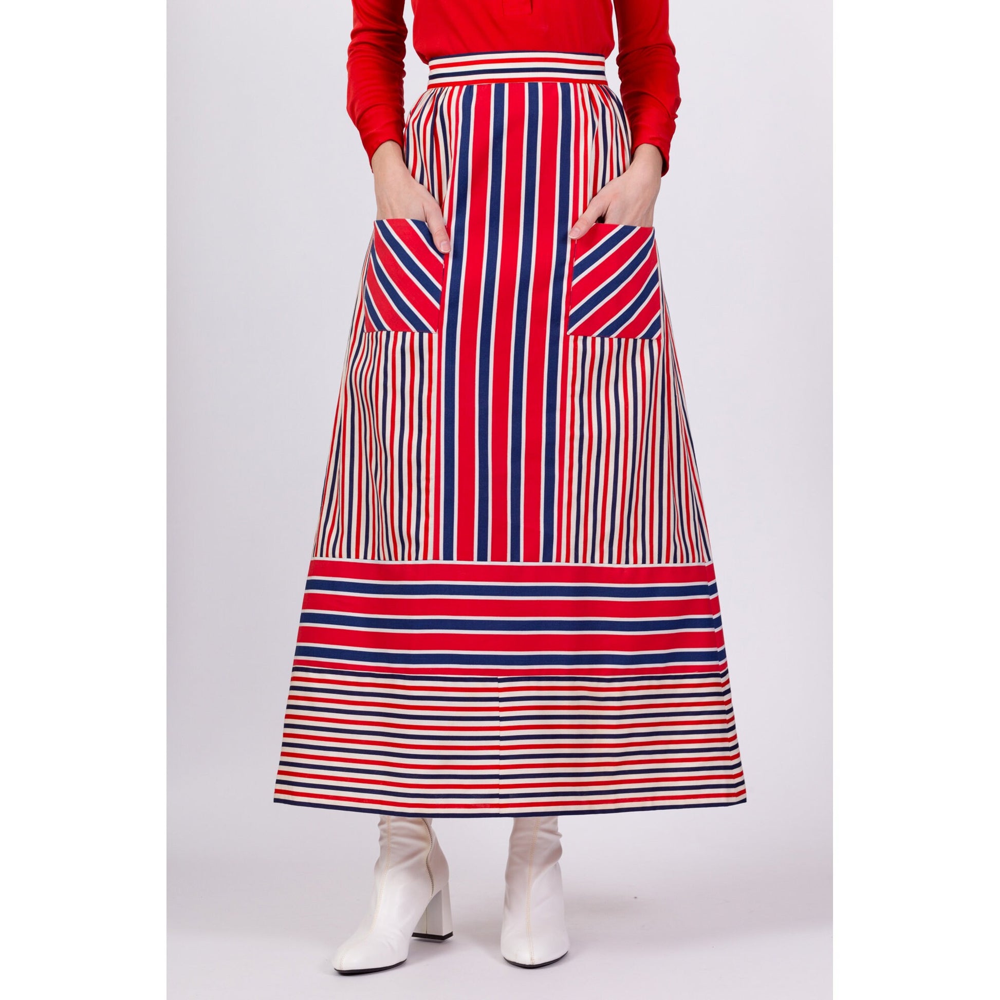 70s Red White & Blue Striped Maxi Skirt - Medium, 29" 