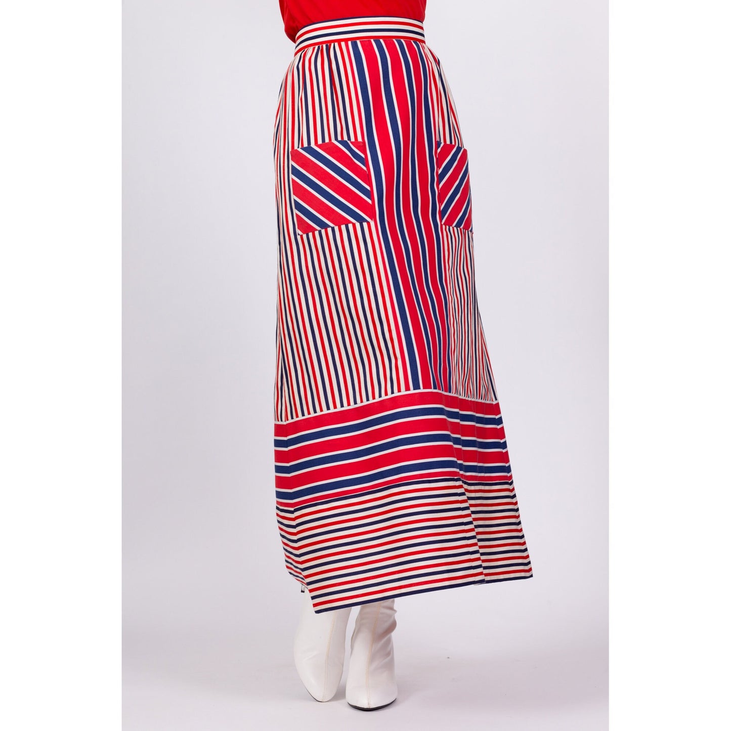 70s Red White & Blue Striped Maxi Skirt - Medium, 29" 