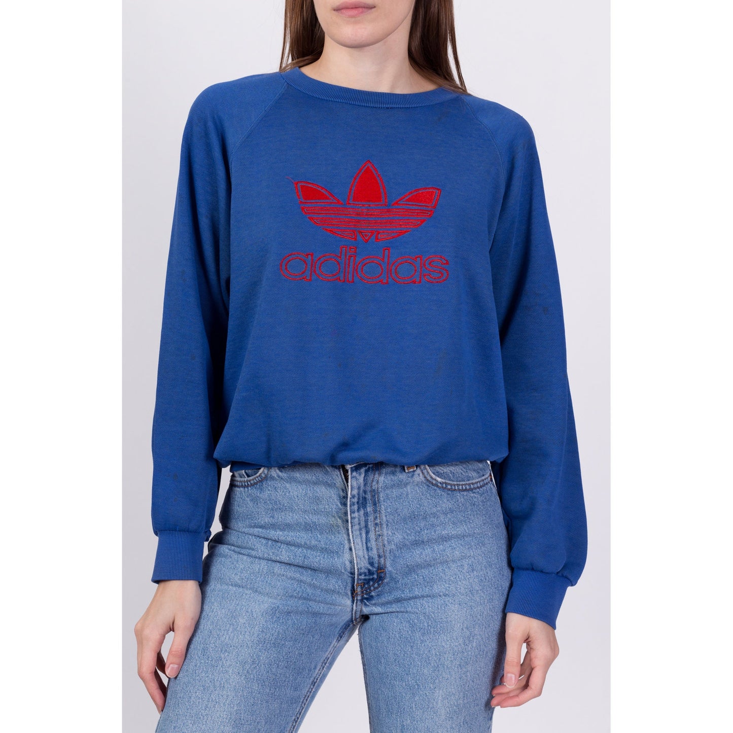 80s Adidas Trefoil Logo Distressed Sweatshirt - Men's Medium, Women's Large 
