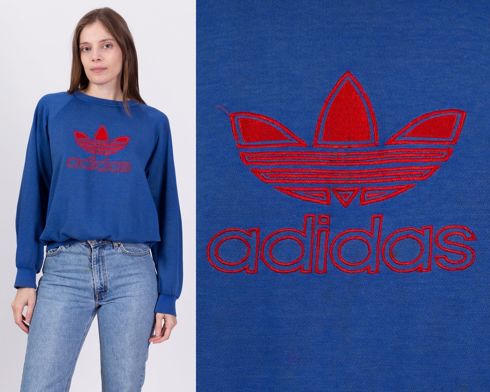 80s Adidas Trefoil Logo Distressed Sweatshirt - Men's Medium, Women's Large 