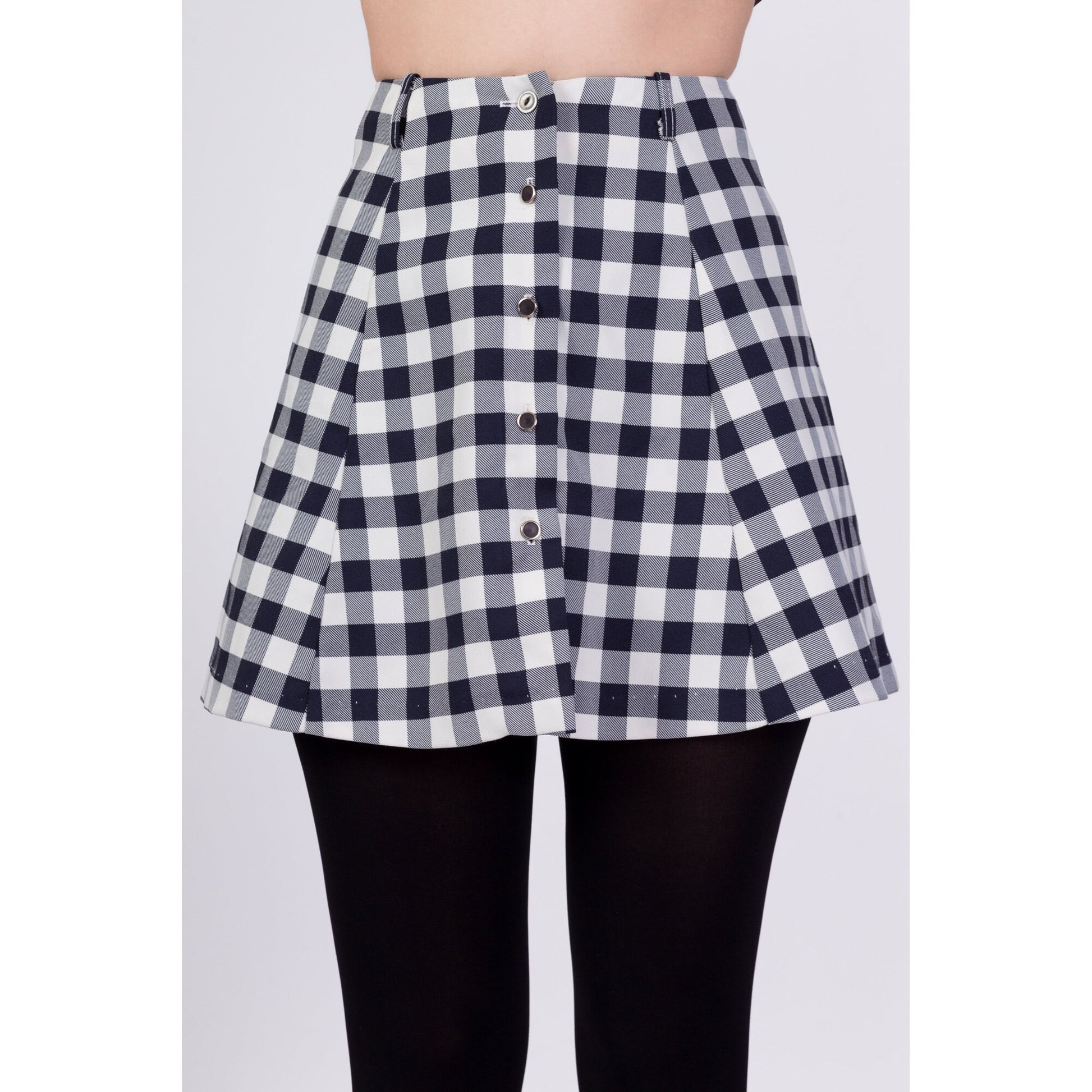 70s Gingham Button Front Mini Skirt - Extra Small, 23"