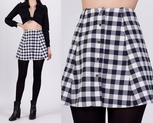 70s Gingham Button Front Mini Skirt - Extra Small, 23"