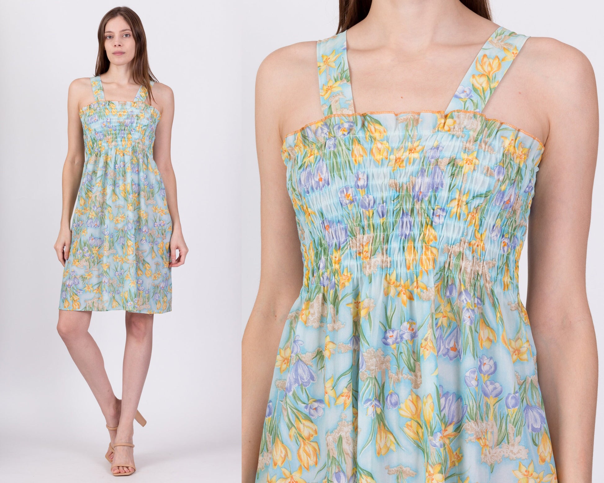 70s Sheer Blue Floral Sundress - Small