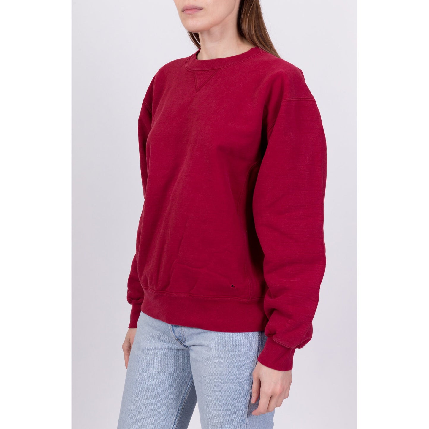90s Wine Red Crewneck V Stitch Sweatshirt - Men's Medium