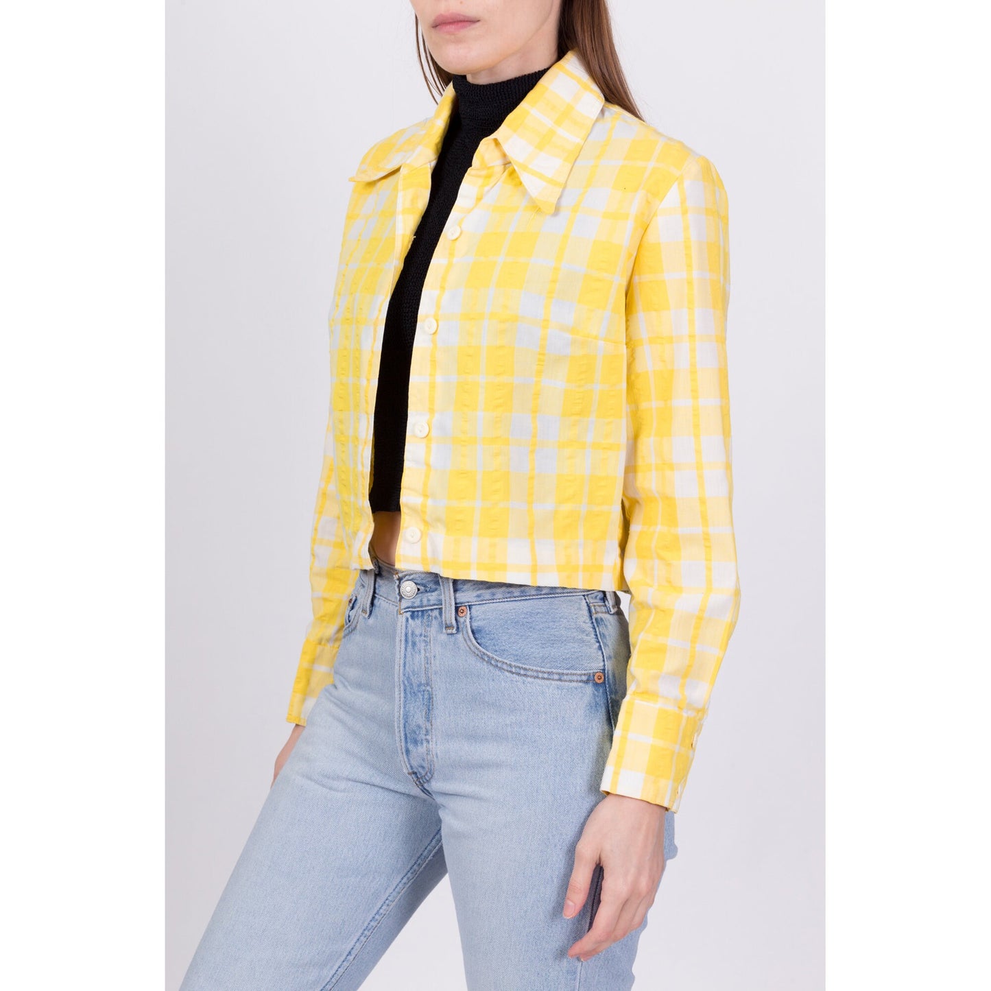 70s Yellow & White Seersucker Plaid Cropped Jacket - Medium
