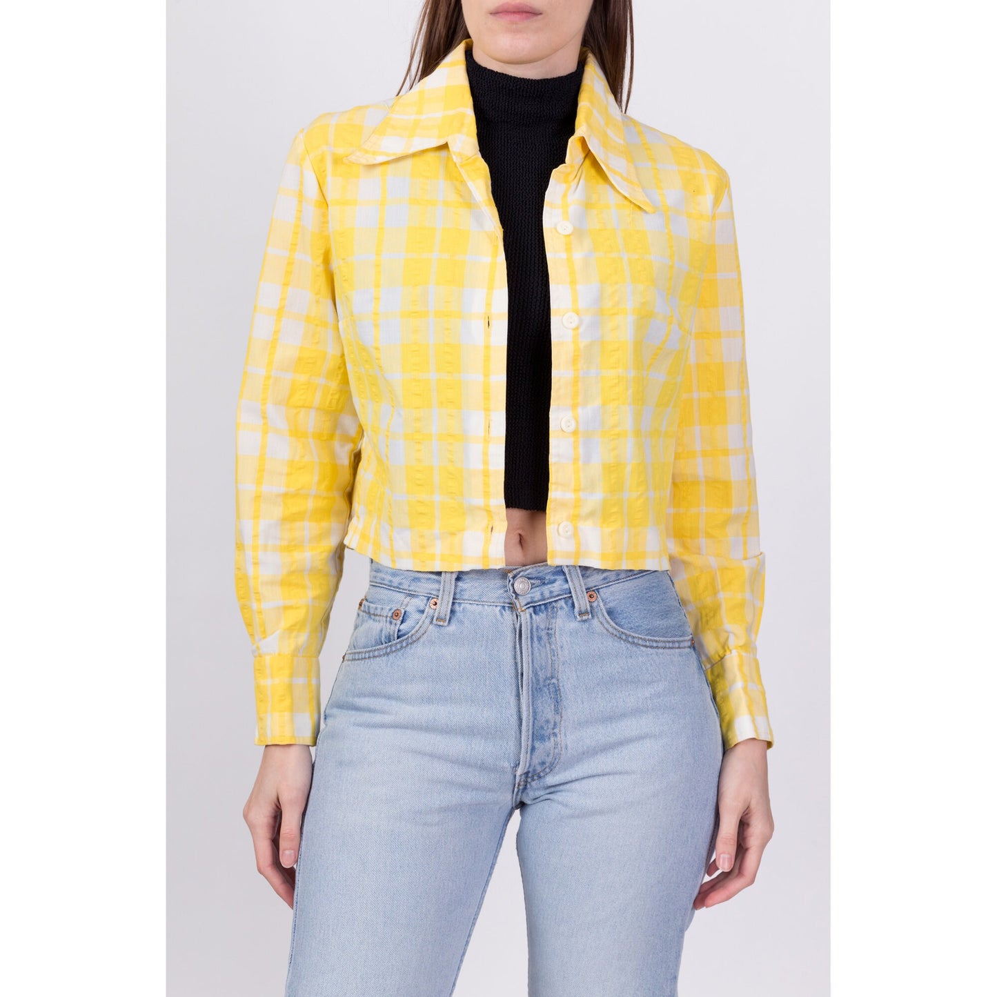 70s Yellow & White Seersucker Plaid Cropped Jacket - Medium