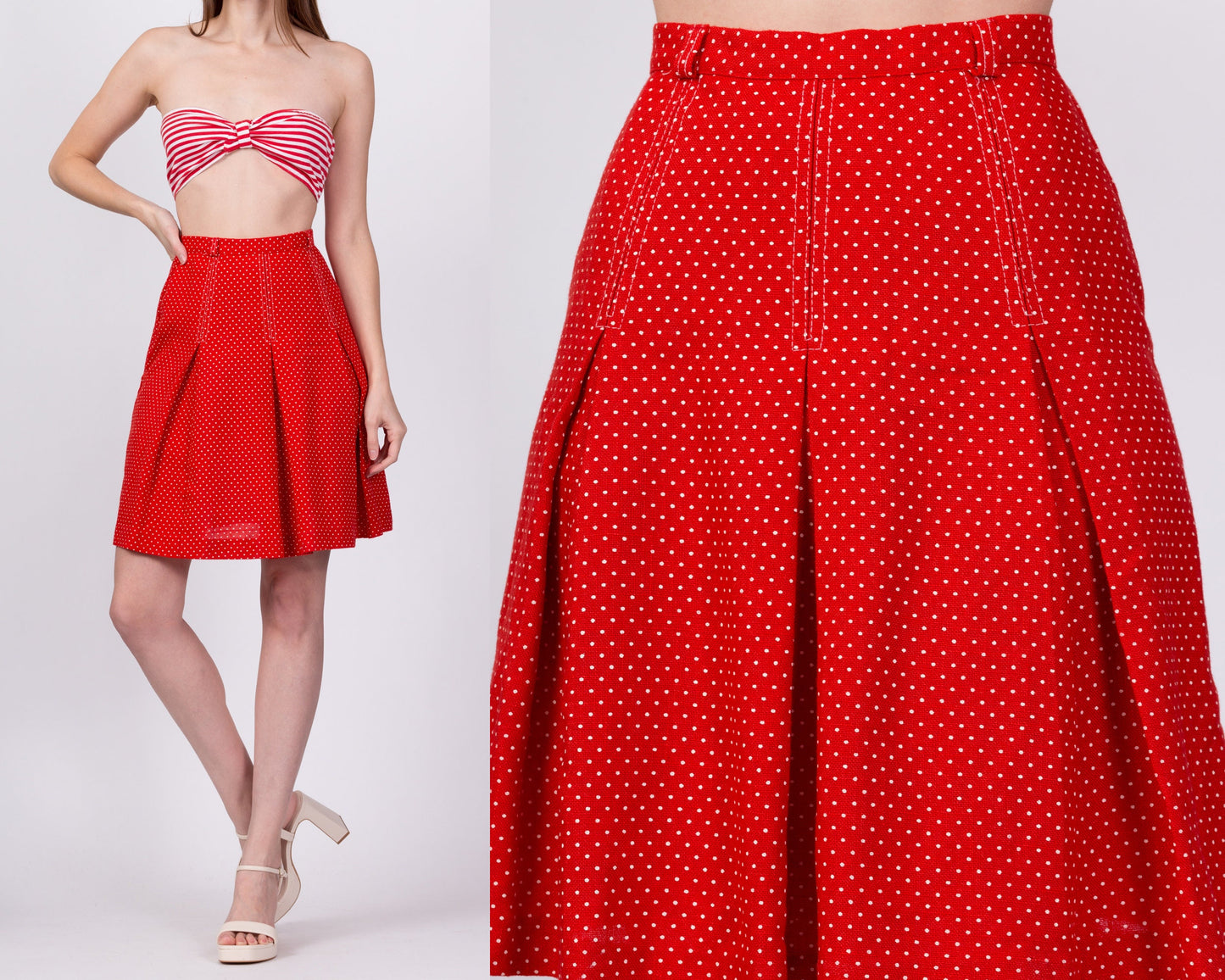 70s Red & White Polka Dot Skirt - Extra Small, 23.5"