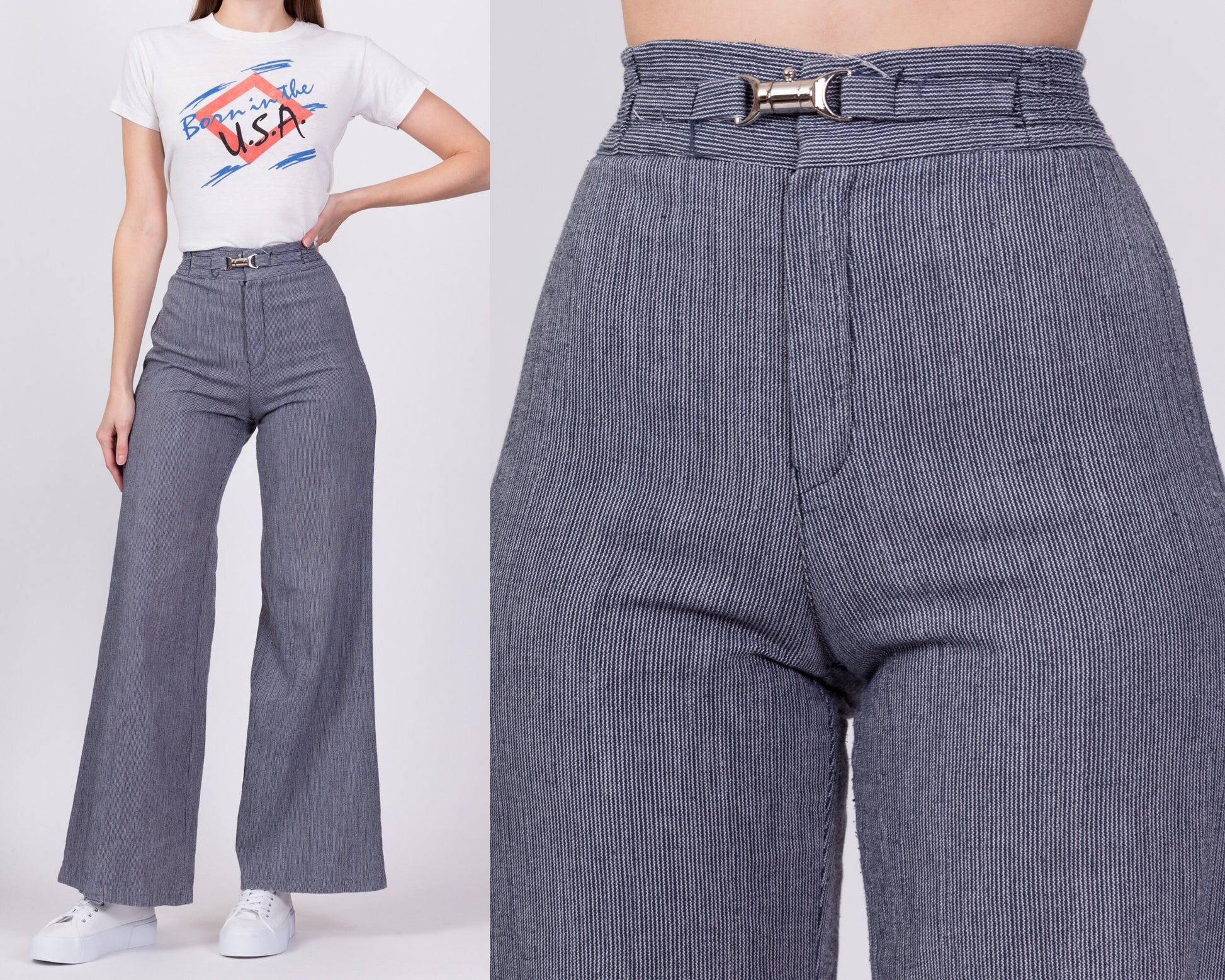 70s Pinstriped High Waisted Buckle Pants - Extra Small