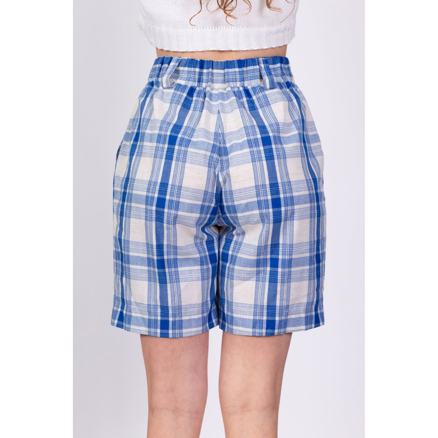 70s Blue & White Plaid Shorts - Medium