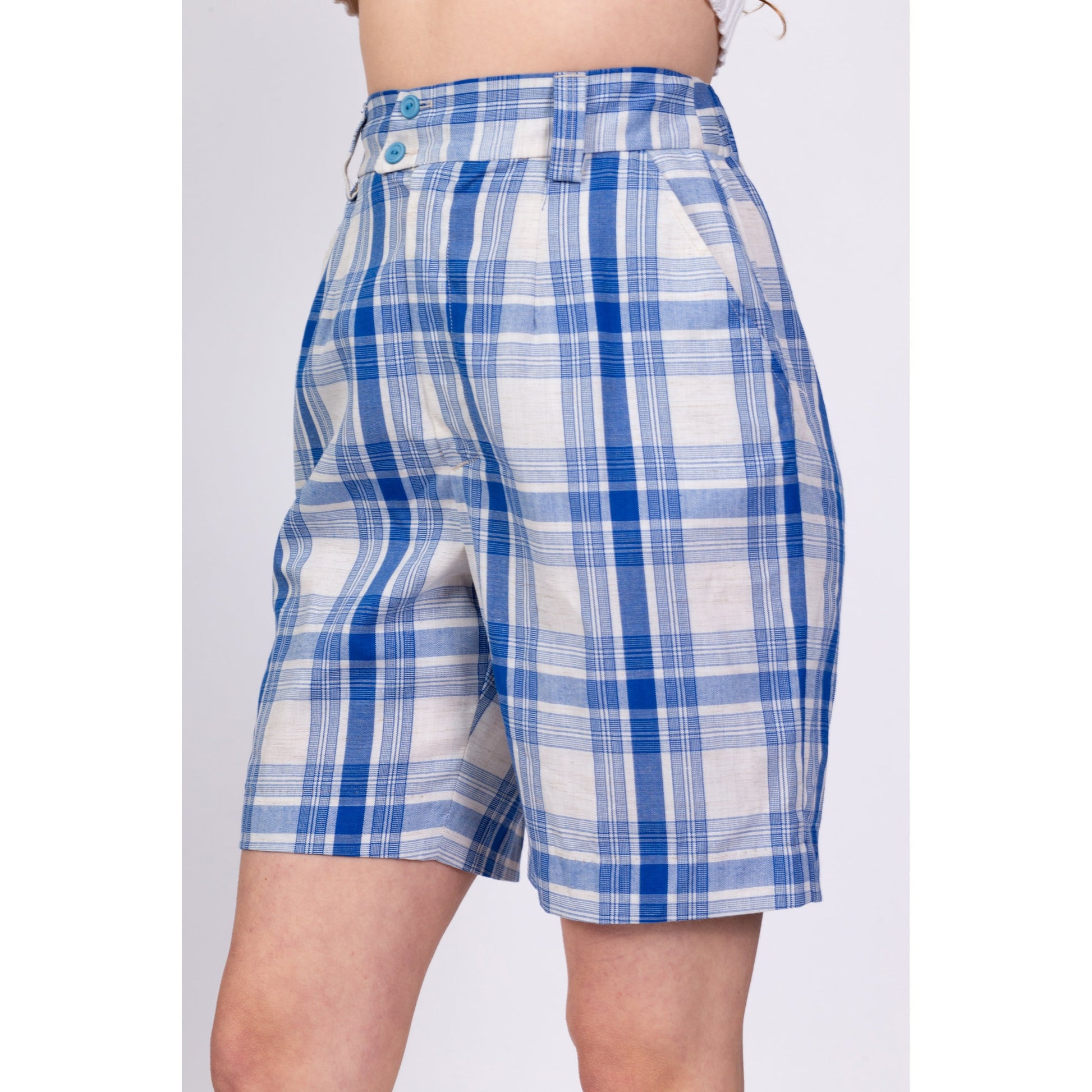 70s Blue & White Plaid Shorts - Medium