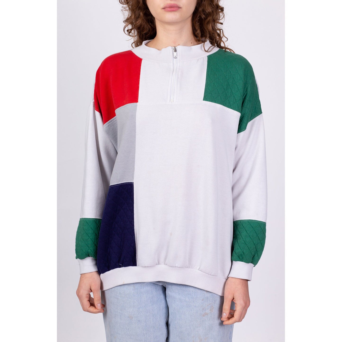 80s Color Block Quarter Zip Sweatshirt - XXL | Vintage Quilted Panel Athletic Pullover