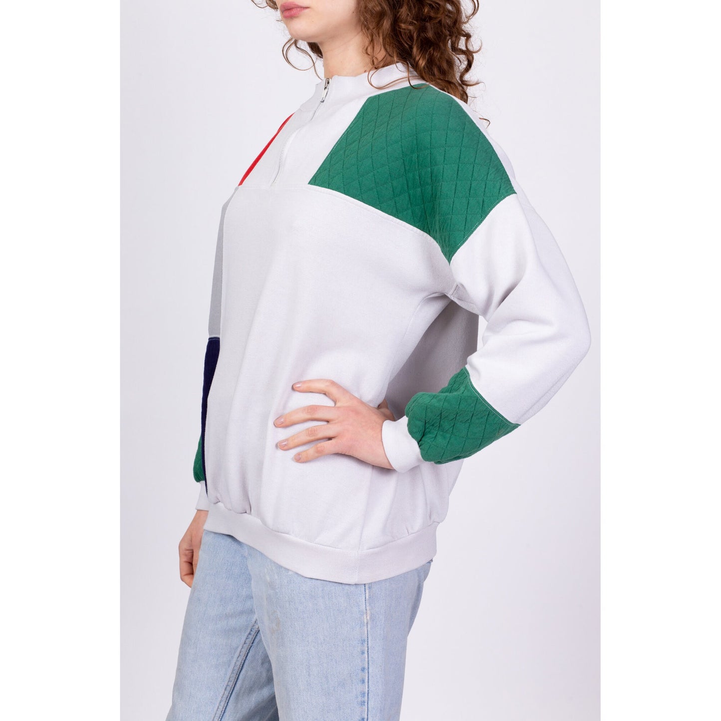 80s Color Block Quarter Zip Sweatshirt - XXL | Vintage Quilted Panel Athletic Pullover