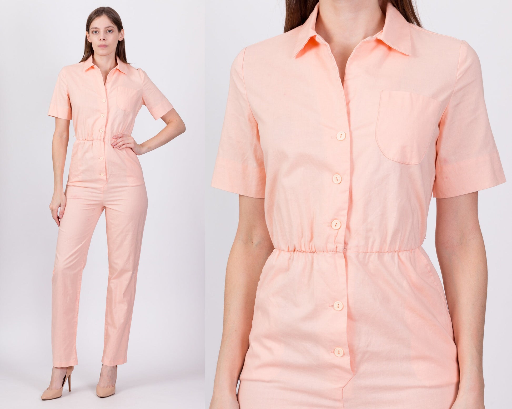 80s Peach Button Front Jumpsuit - Small