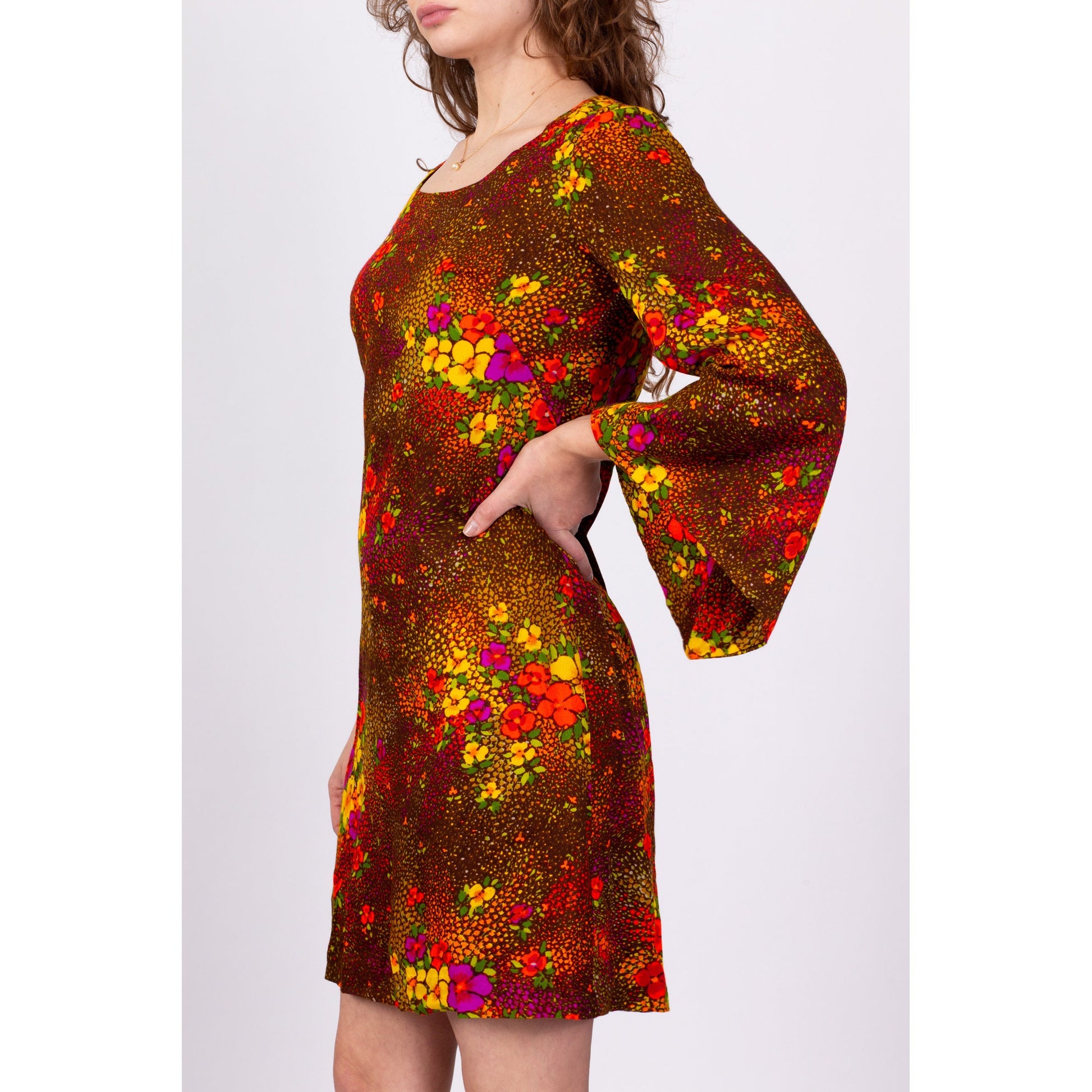 70s Floral Angel Sleeve Kaftan Mini Dress - Medium