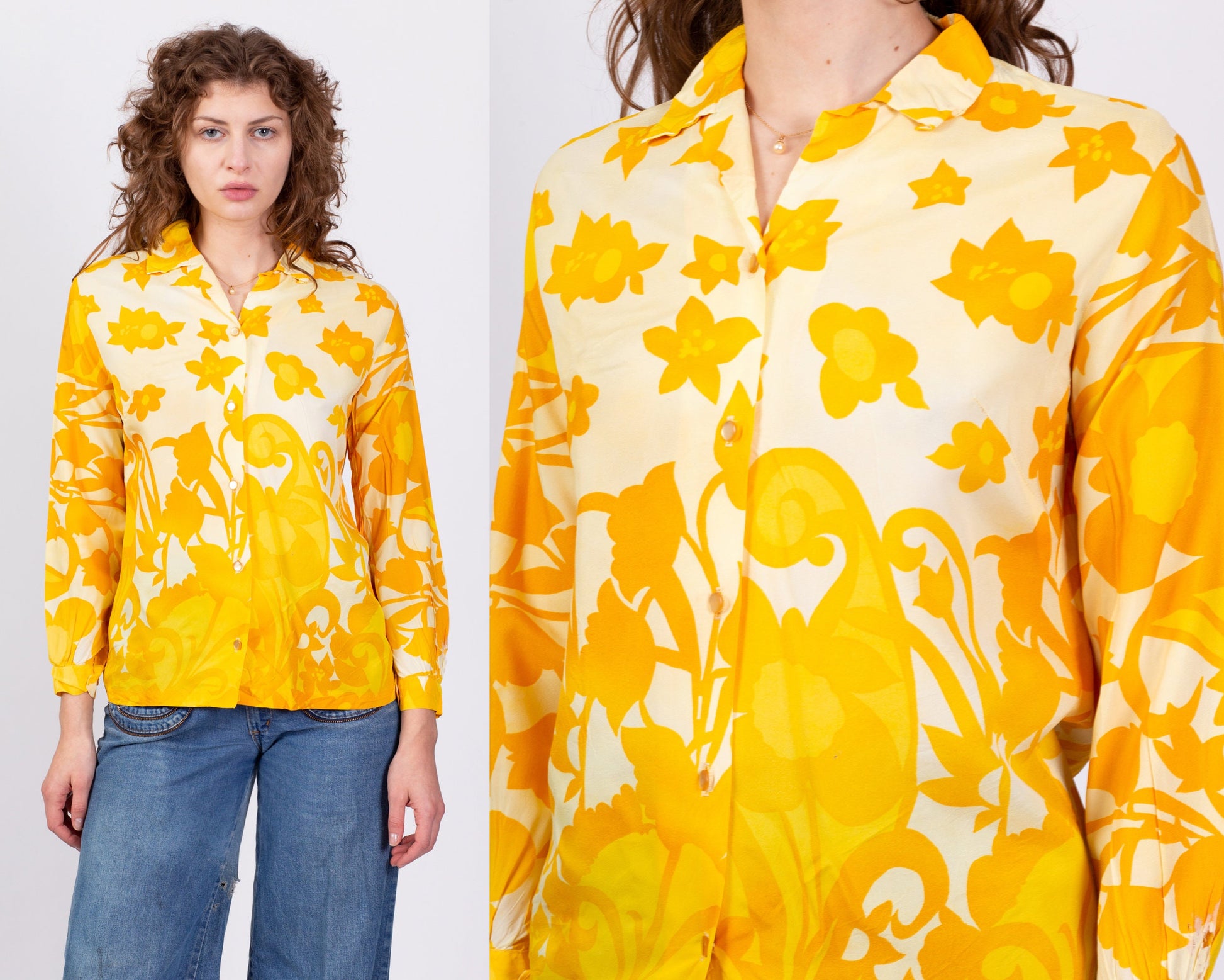 60s Yellow Floral Paisley Print Button Up Top - Small