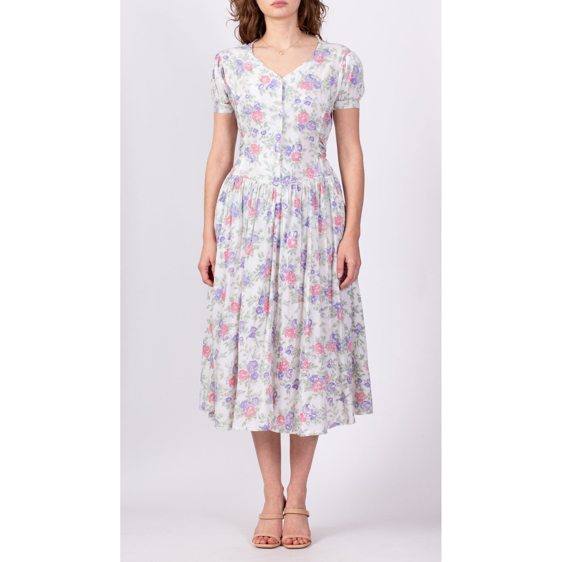 80s Floral Puff Sleeve Princess Waist Midi Dress - Small