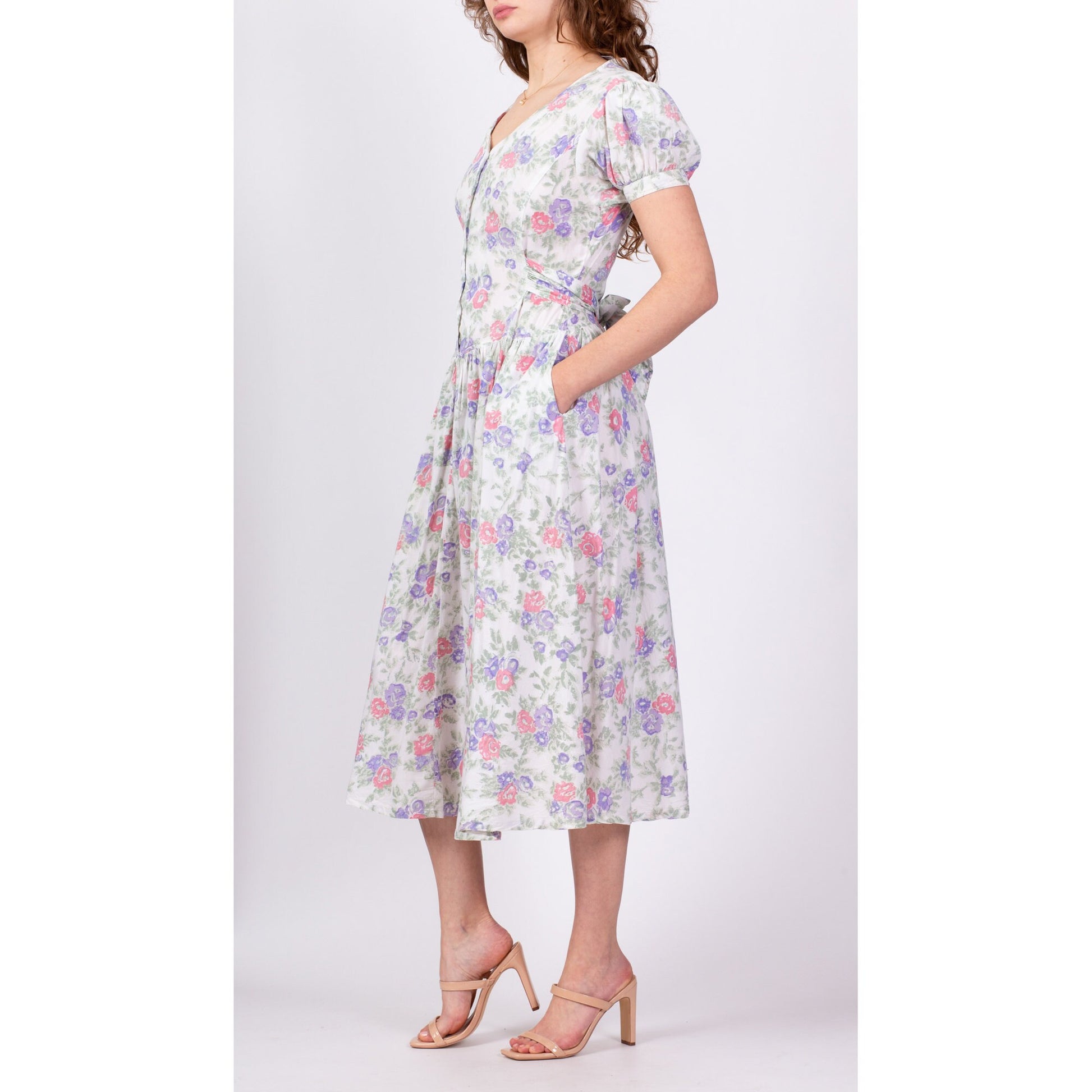 80s Floral Puff Sleeve Princess Waist Midi Dress - Small