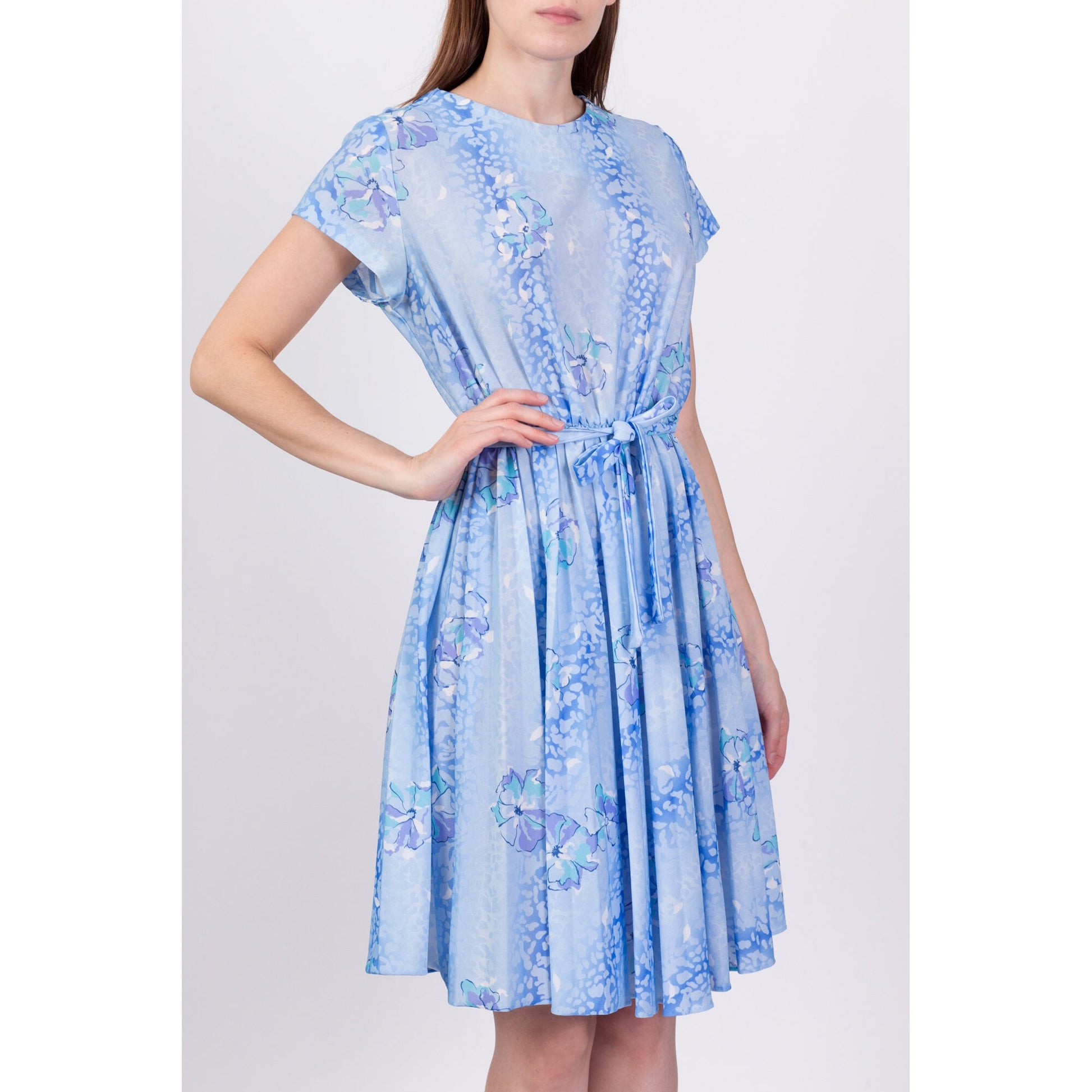 70s Blue Floral Mini Dress - Medium