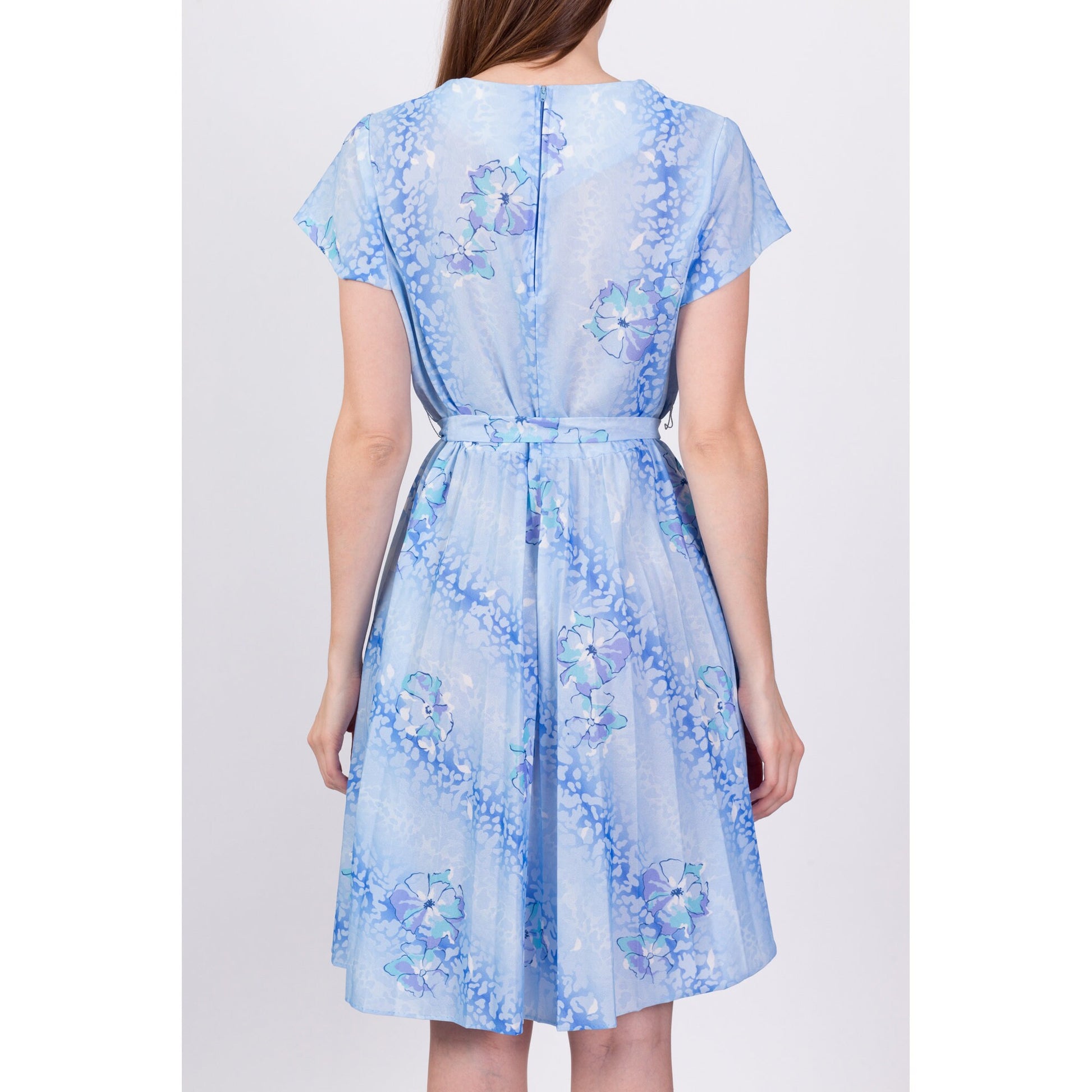 70s Blue Floral Mini Dress - Medium