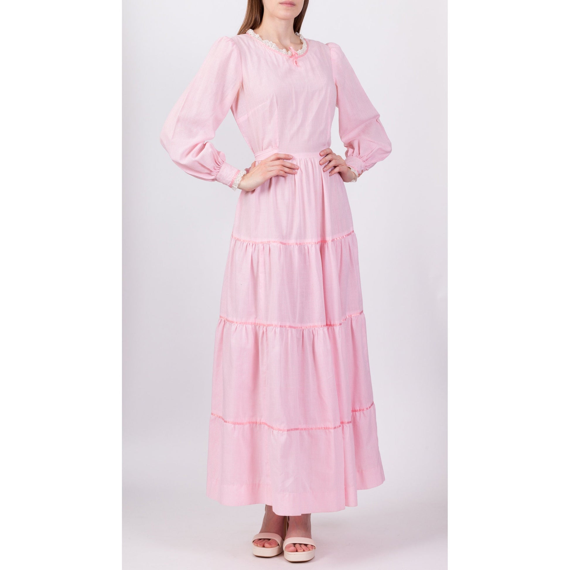 70s Pink Gingham Prairie Maxi Dress - Small