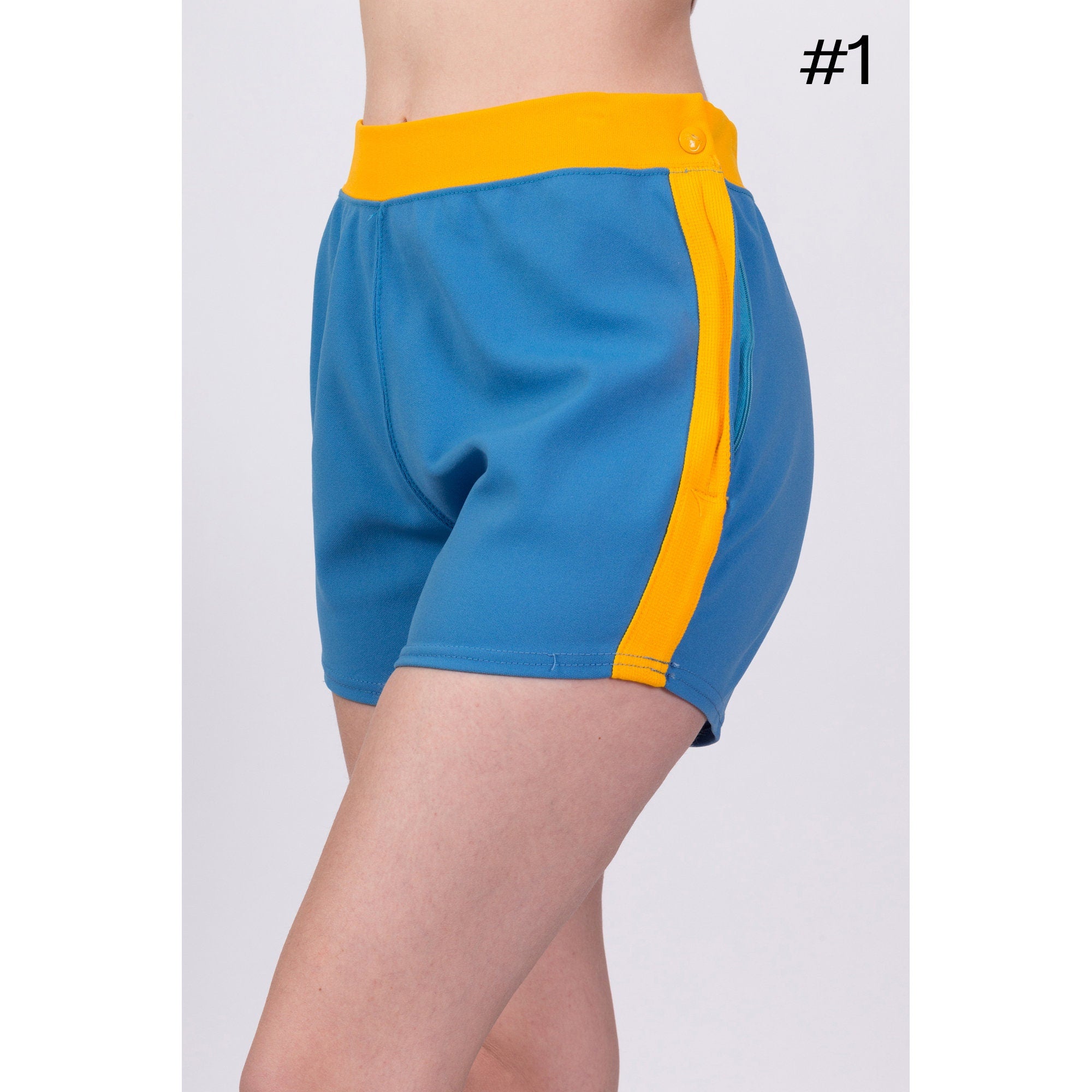 70s Blue Striped Unisex Athletic Shorts Small to Large Flying Apple Vintage