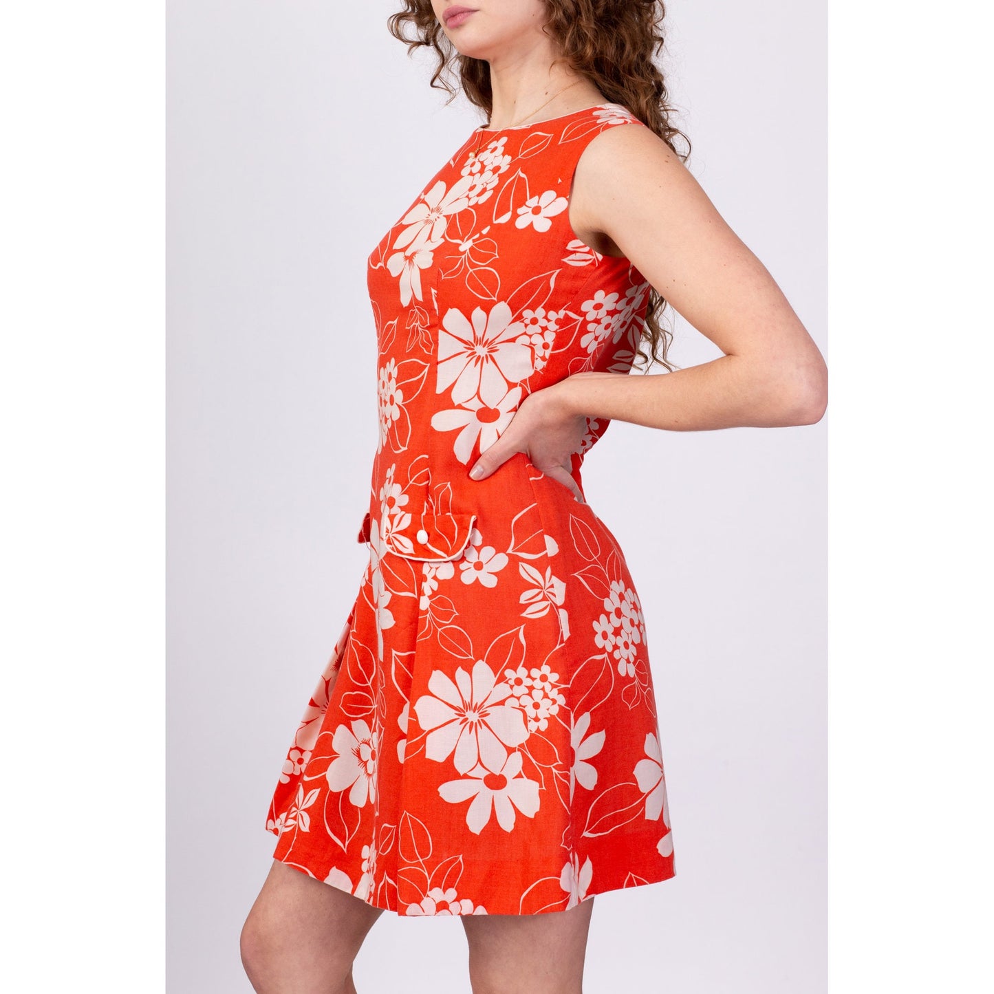 60s Red & White Floral Scooter Dress - Medium