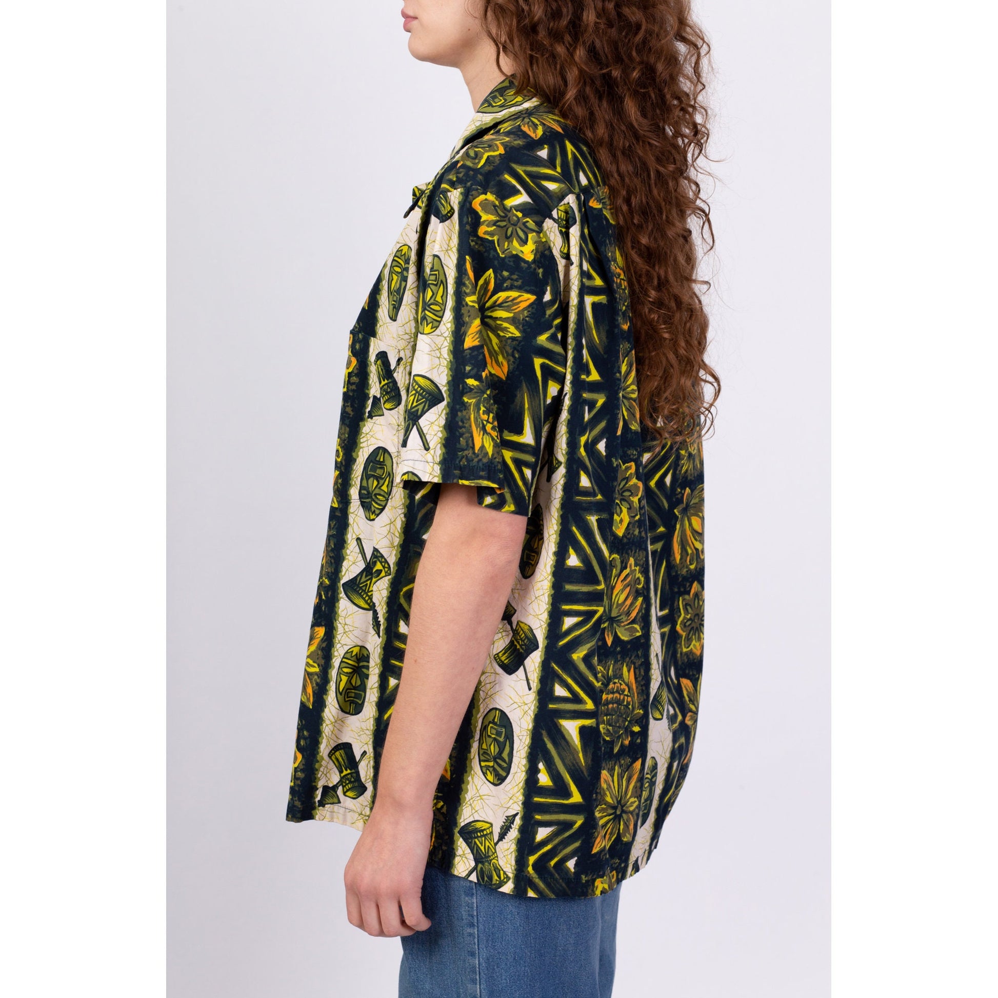 1960s Ui-Maikai Hawaiian Floral Tiki Shirt - Men's Large