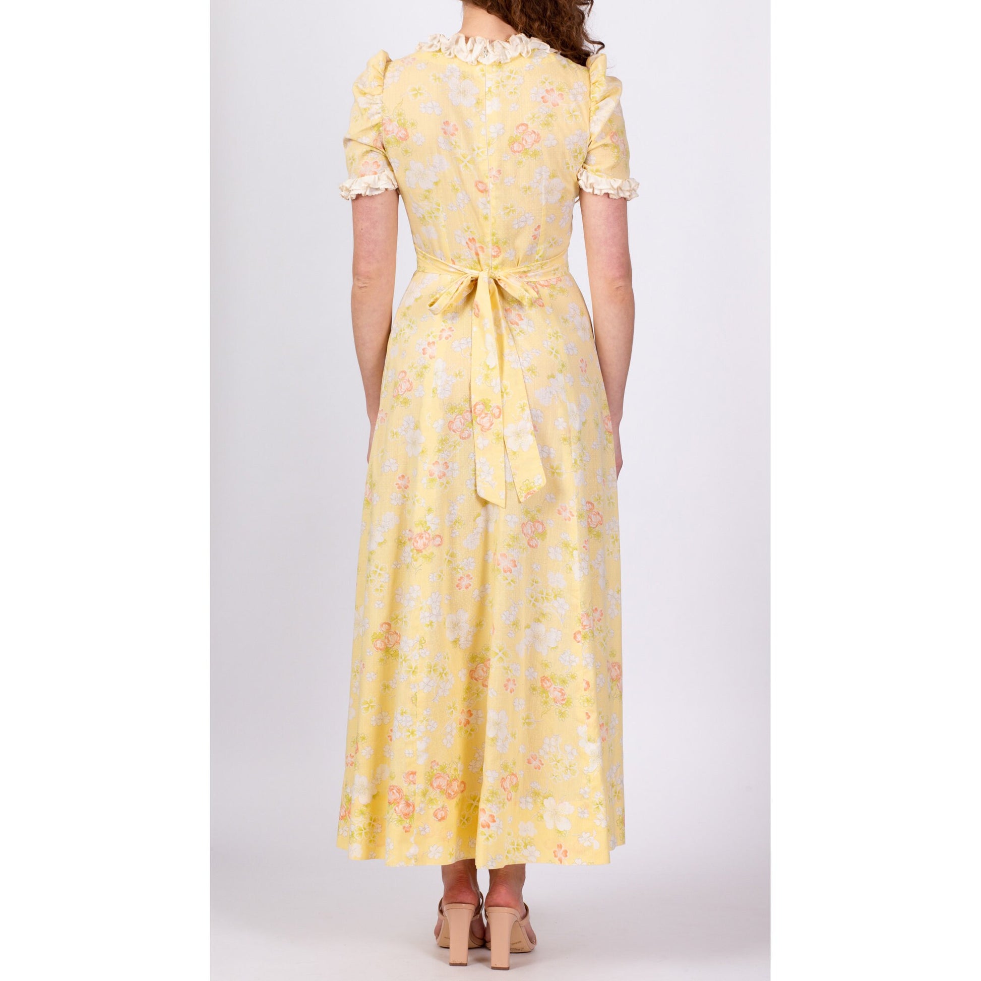 70s Yellow Clover Floral Puff Sleeve Prairie Maxi Dress - Medium
