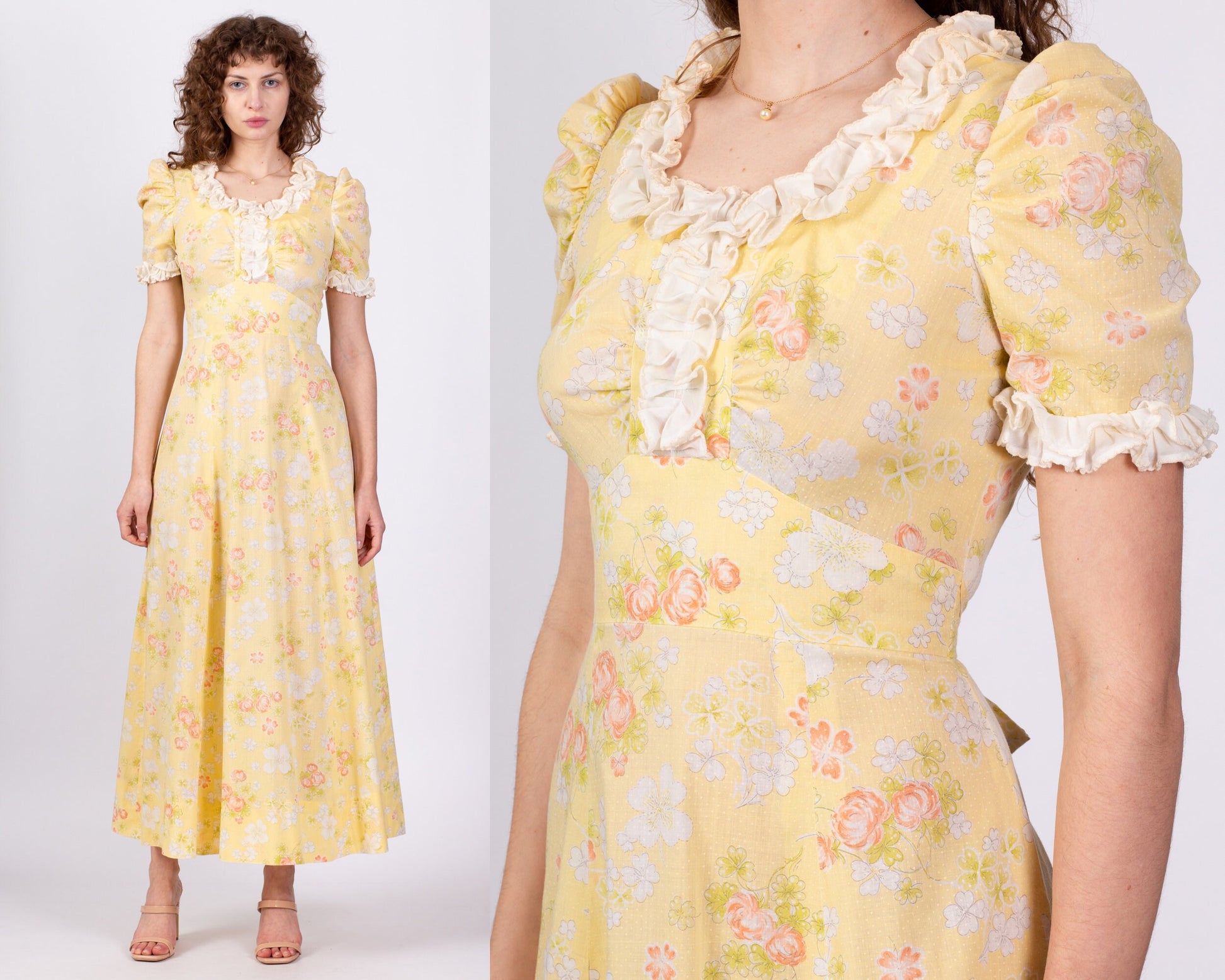 70s Yellow Clover Floral Puff Sleeve Prairie Maxi Dress - Medium