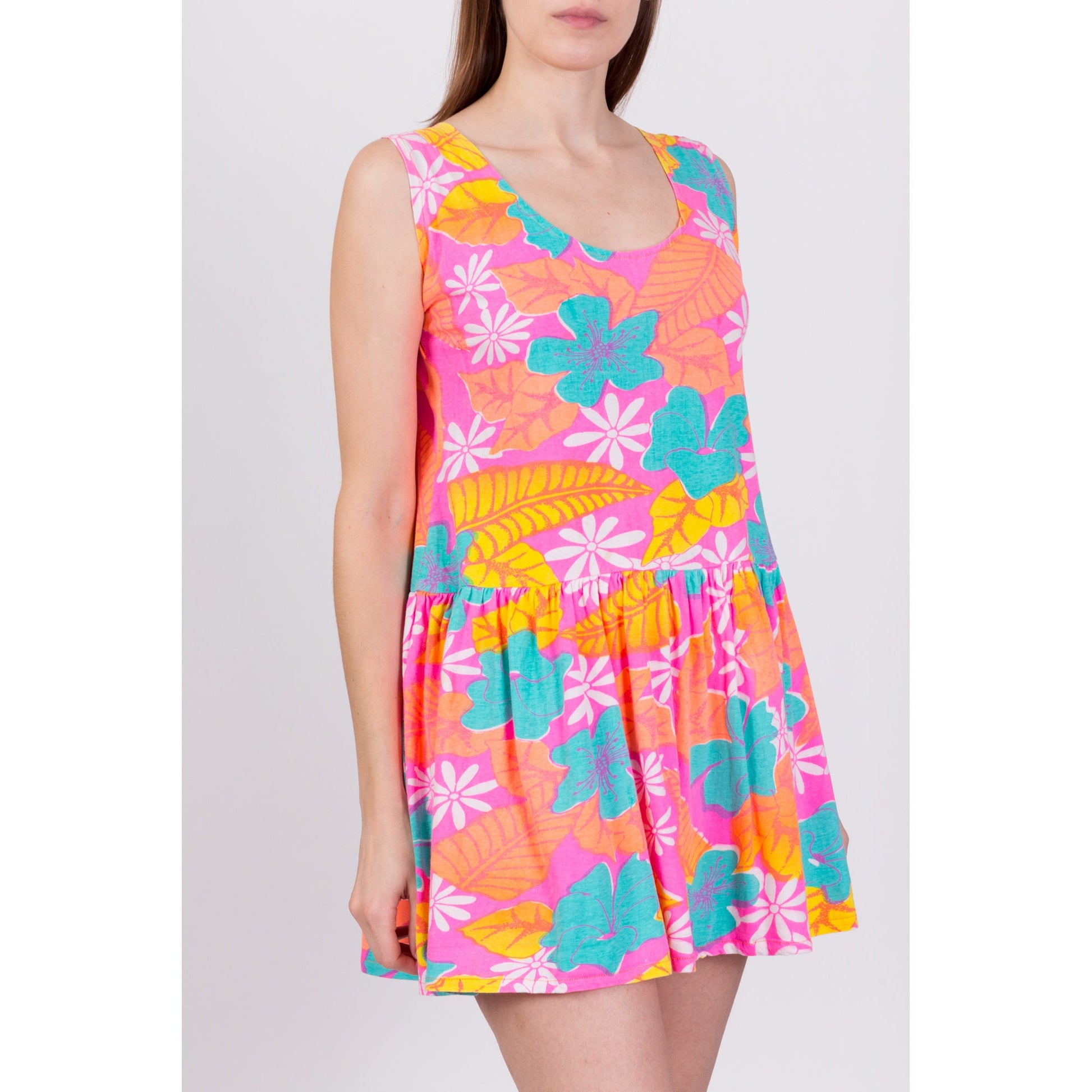 90s Pink Floral Summer Mini Dress - Petite Small to Medium