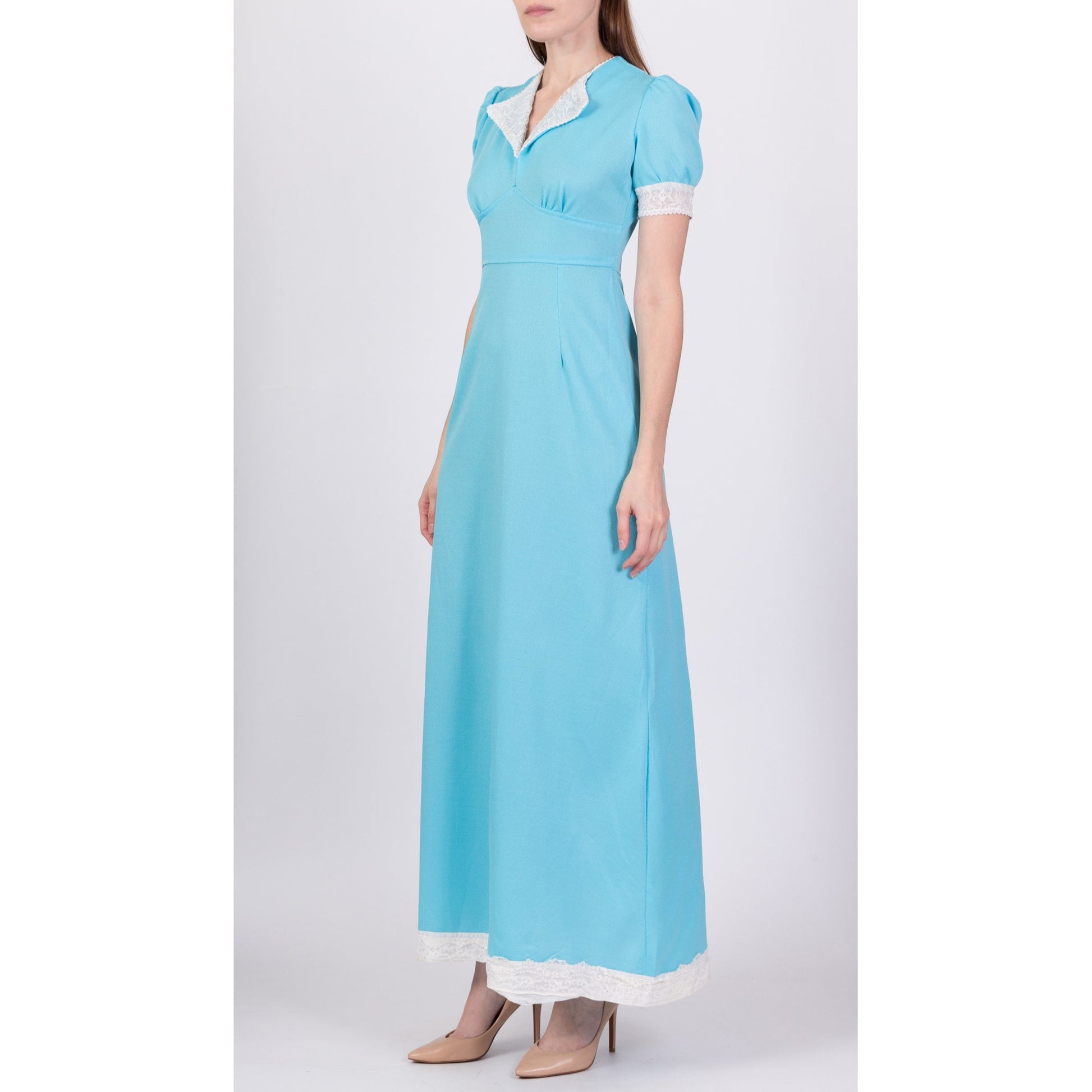 60s 70s Blue Puff Sleeve Prairie Maxi Dress - Small