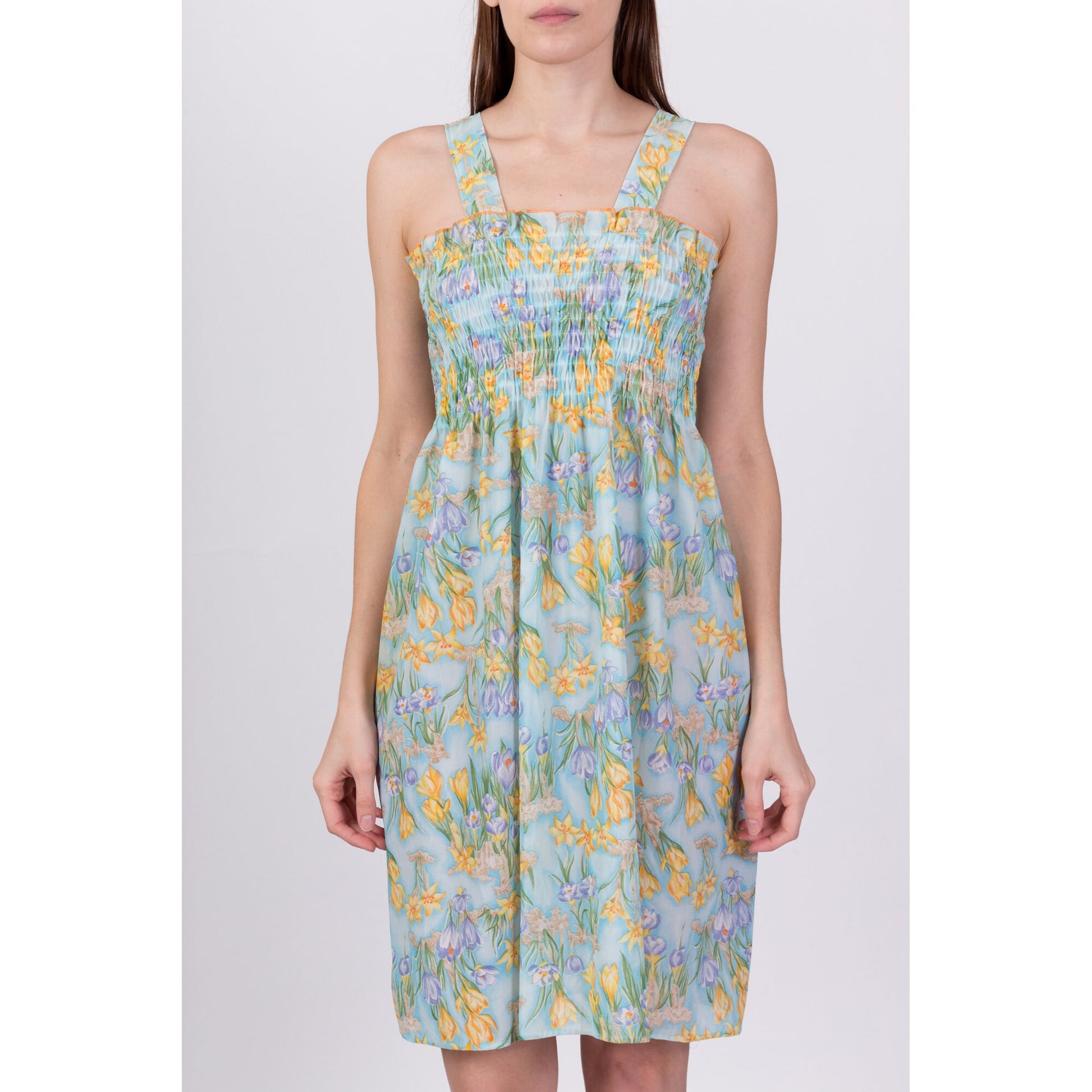 70s Sheer Blue Floral Sundress - Small