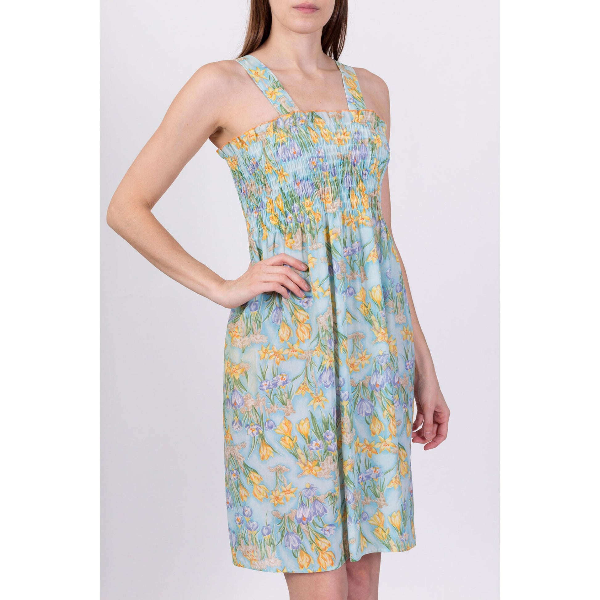 70s Sheer Blue Floral Sundress - Small