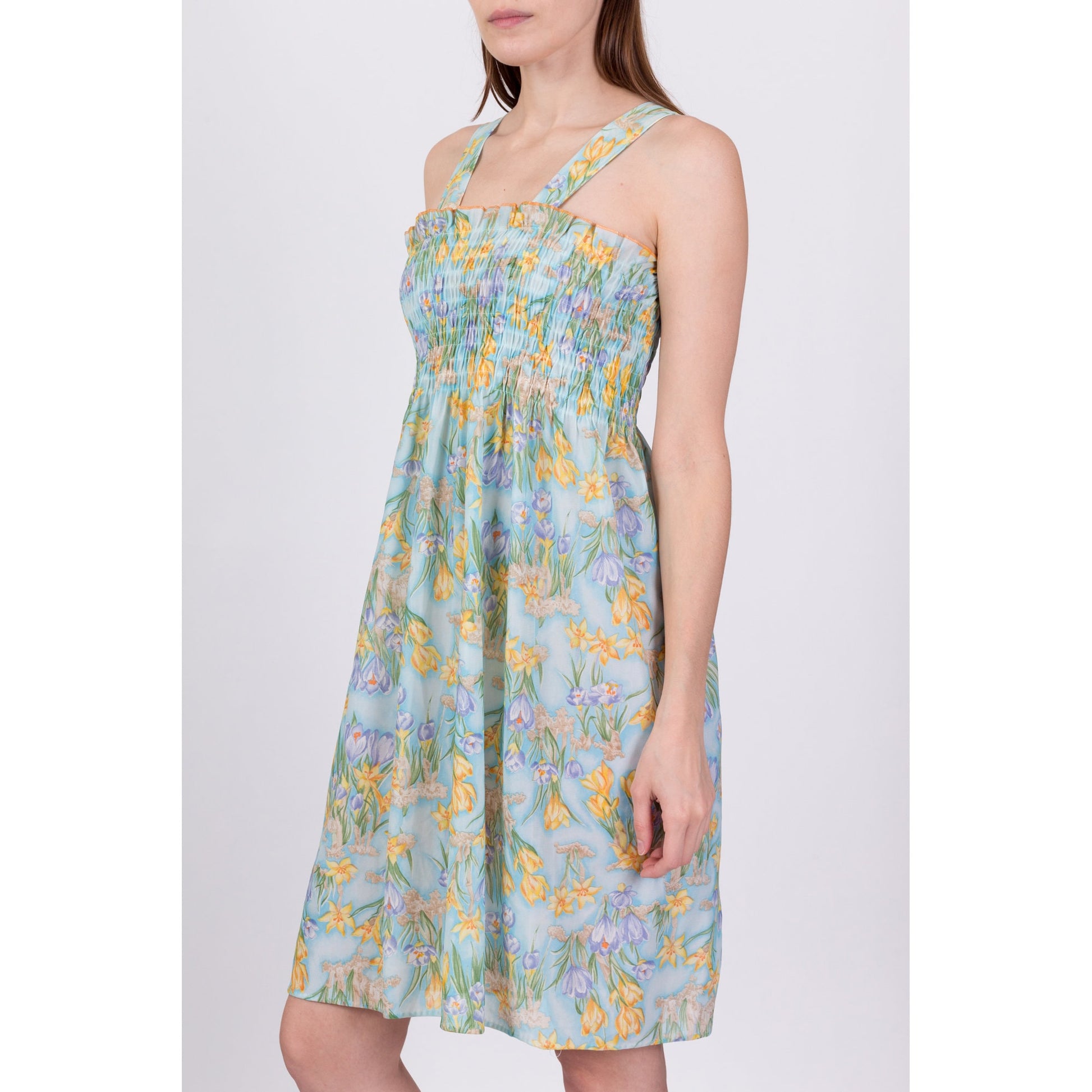70s Sheer Blue Floral Sundress - Small