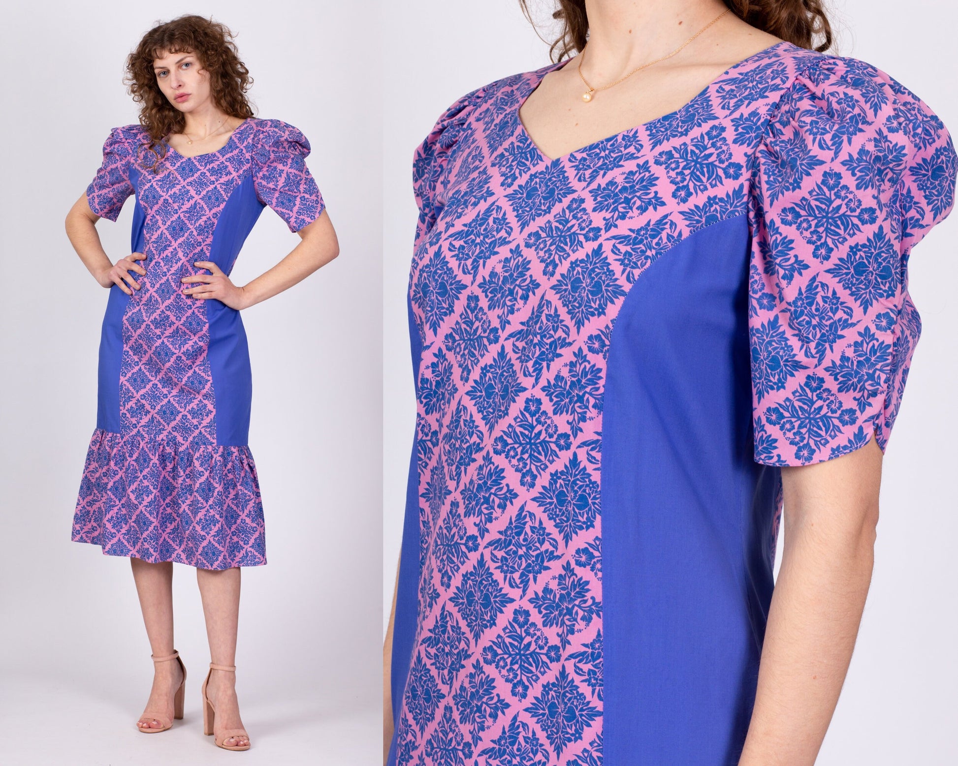 Vintage 70s Does 40s Purple Hawaiian Puff Sleeve Dress - Medium